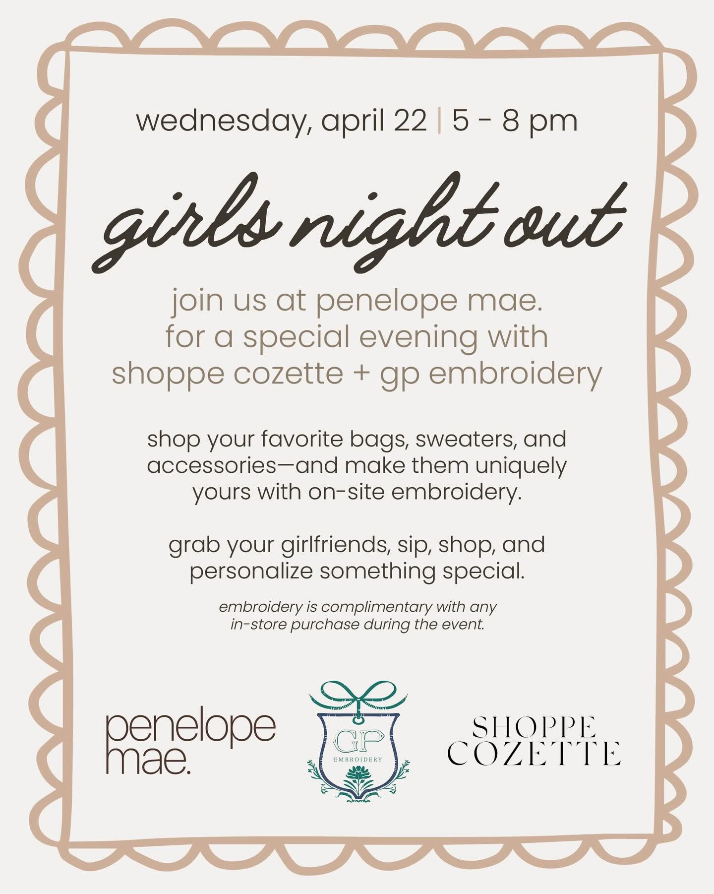 come join us and @shoppecozette for a spring girls night out!
@gp.embroidery will be on site offering free embroidery with purchase.

it&rsquo;s the perfect time to grab a cashmere sweater, bag, sweatshirt, scarf&hellip;.. and personalize it for you 