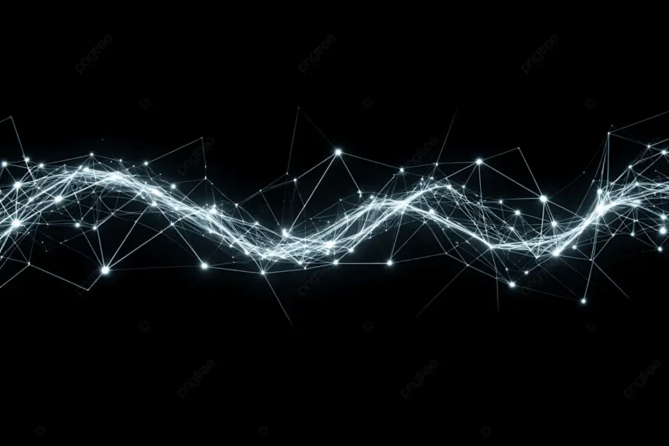 Digital abstract background of interconnected glowing white lines and points on a black background.