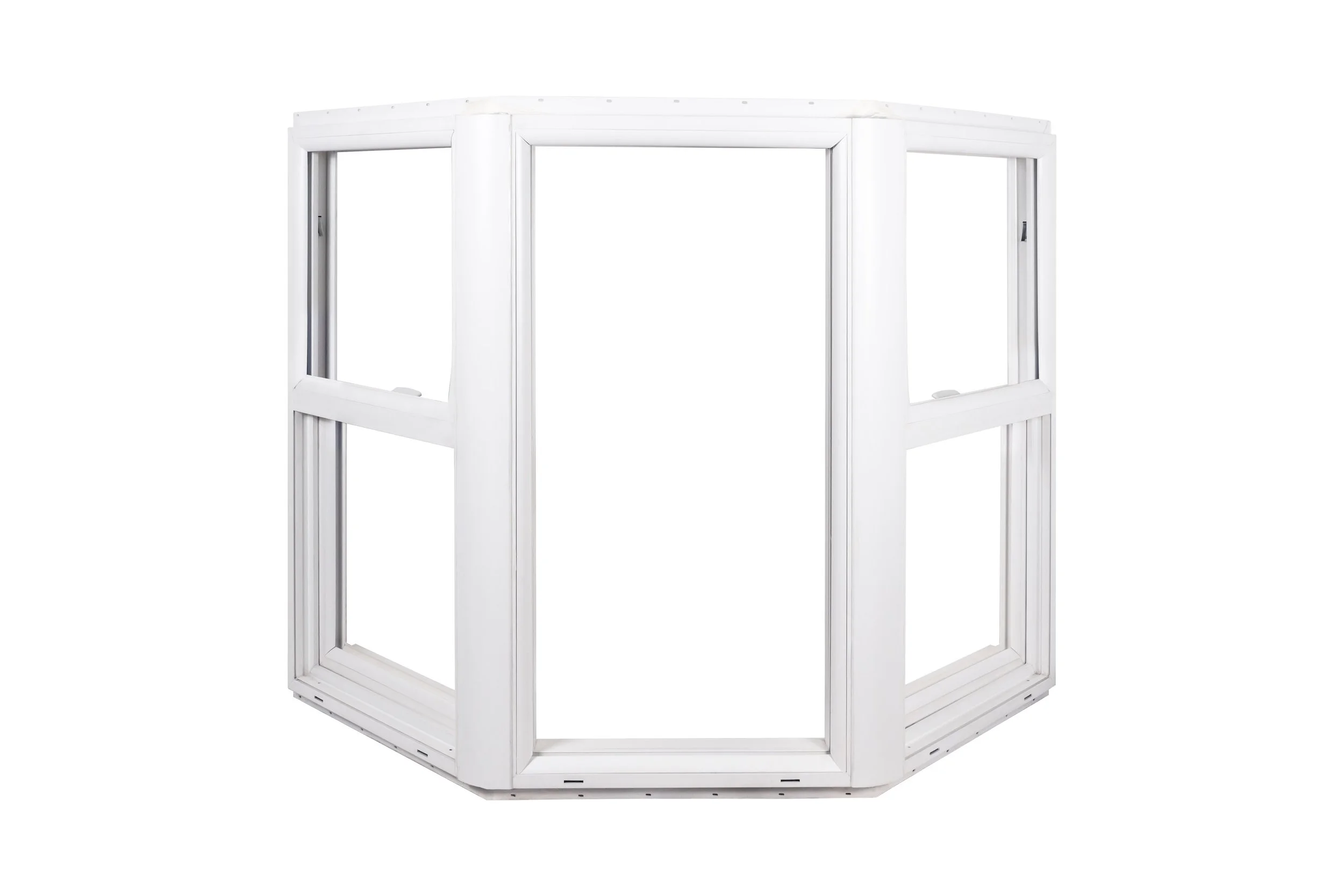 White corner window frame with sliding glass panes isolated on white background.