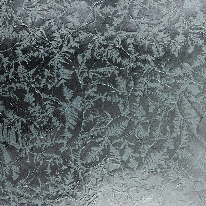 Frosted glass window with intricate leaf and fern patterns.