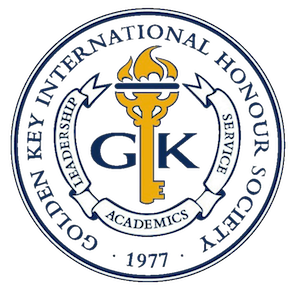 Logo of the Gamma Kappa Leadership Institute, featuring a gold key with a serpent wrapped around it, set against a dark background with blue and white accents, including the words 'Gamma Kappa' and 'Academics' and the year 1977.