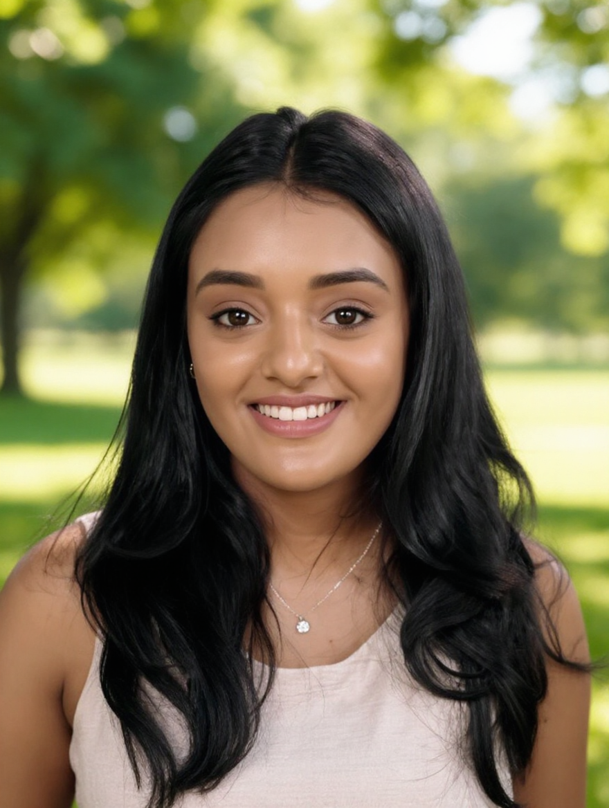 A young woman with long black hair, smiling, standing outdoors in a park with green trees and sunlight in the background.