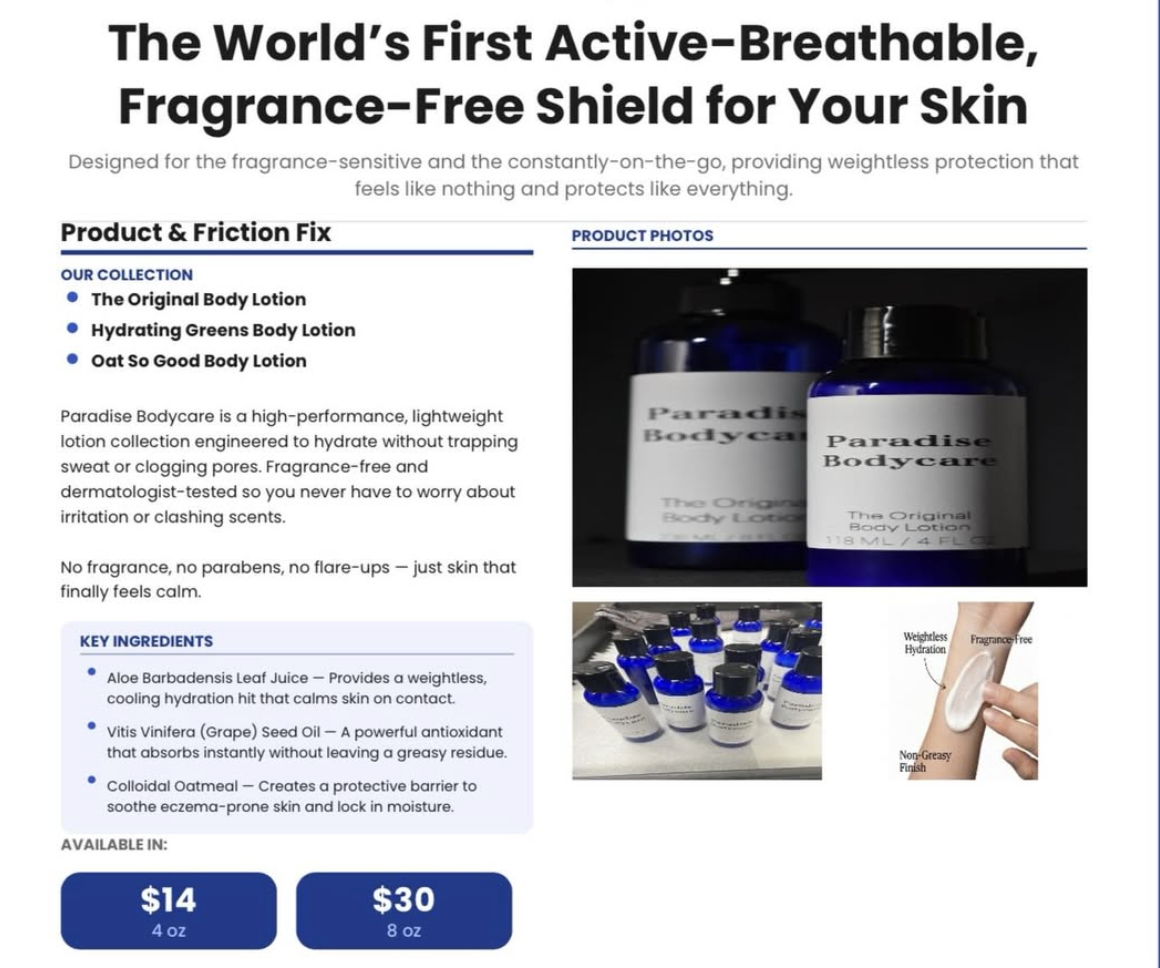 Product advertisement for Paradise Bodycare featuring fragrance-free body lotions. The ad highlights the product's active, breathable, fragrance-free shield for skin, with images of blue bottles and the lotion being applied.