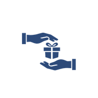 Two hands, one above the other, holding a gift box with a ribbon.
