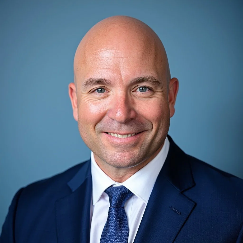Headshot of a smiling bald man in a navy suit, white shirt, and blue tie, against a solid blue background.