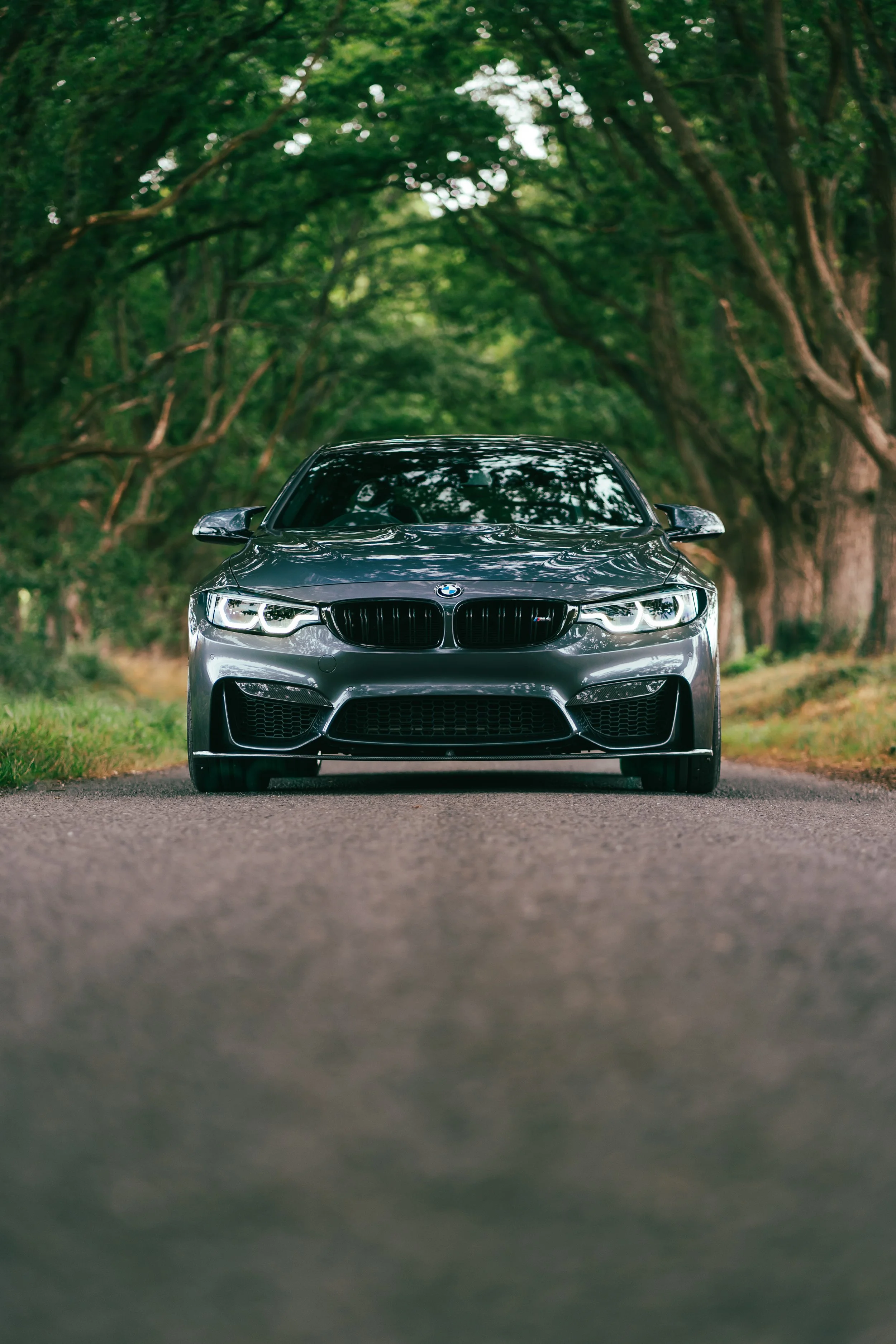 A sleek gray BMW parked on a tree-lined road.