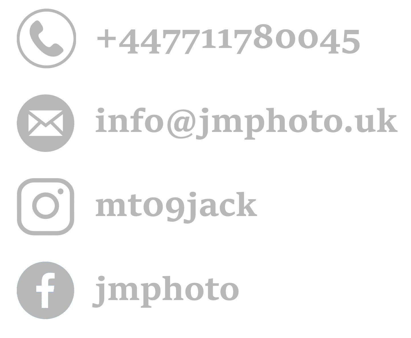 Contact information including phone number, email address, and social media handles for Instagram and Facebook with icons.