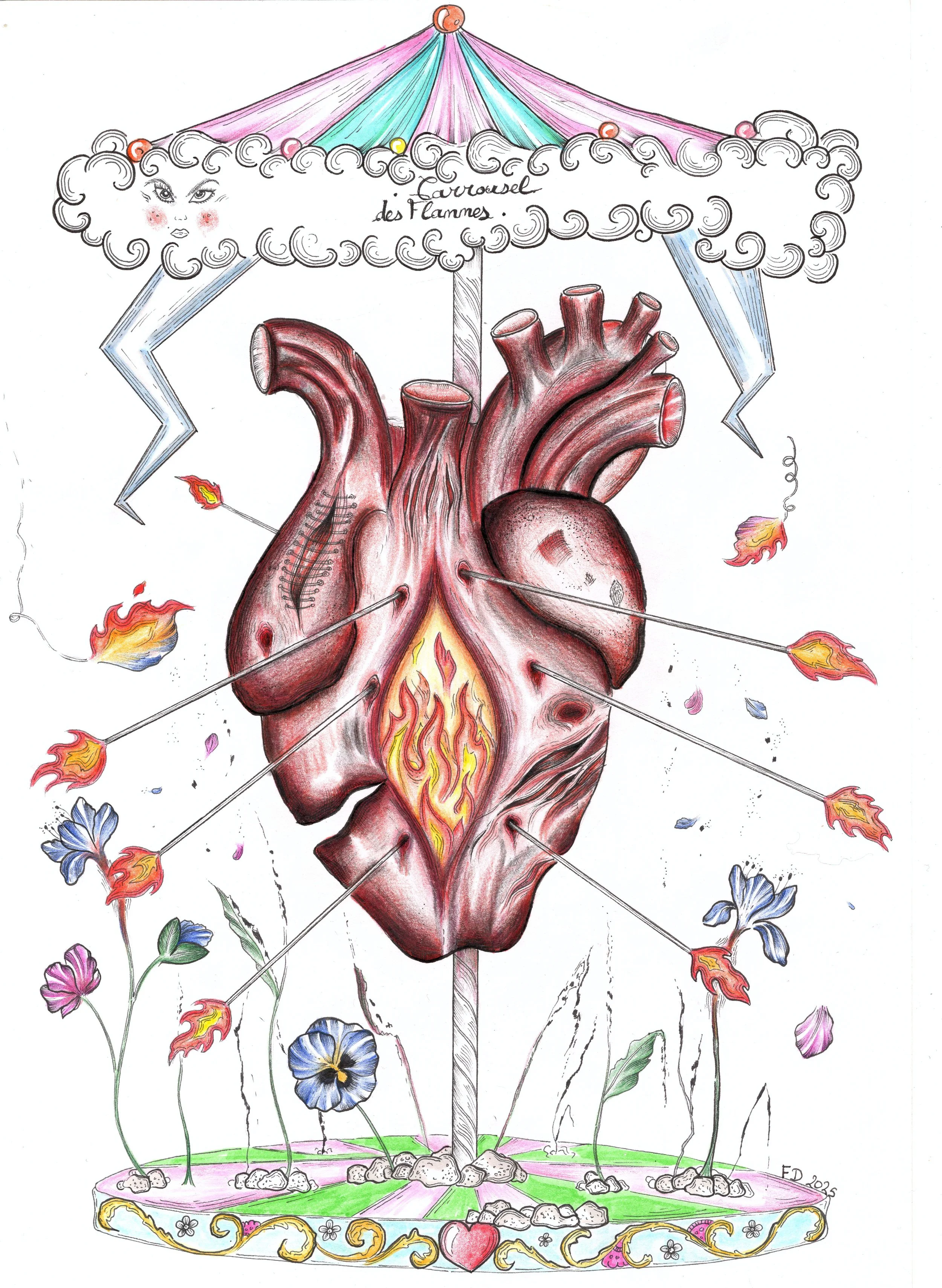 Le Carrousel des Flammes
Format A4
Encre 
Crayons de couleur
