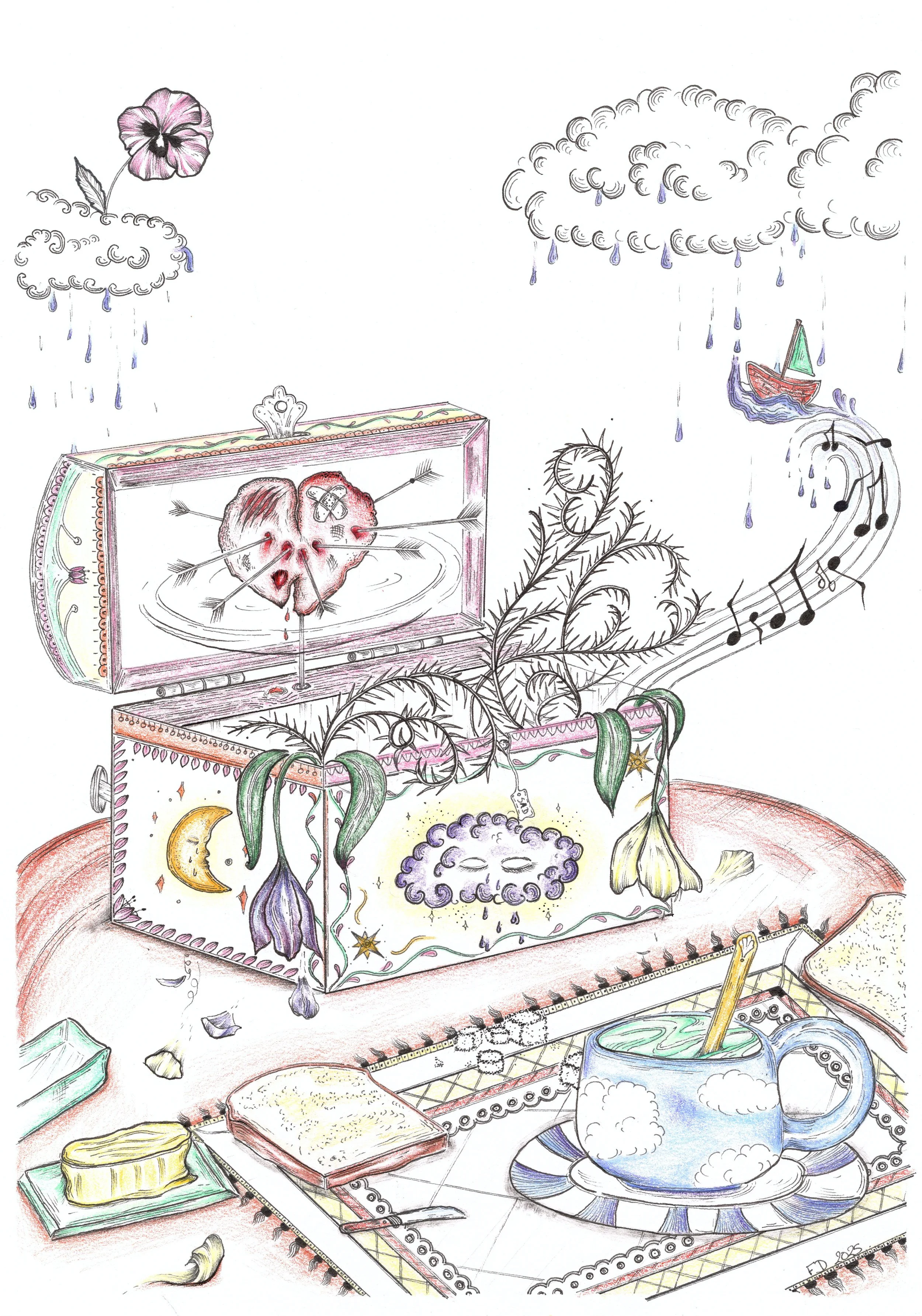 La boîte à musique
Format A4
Encre
Crayons de couleur