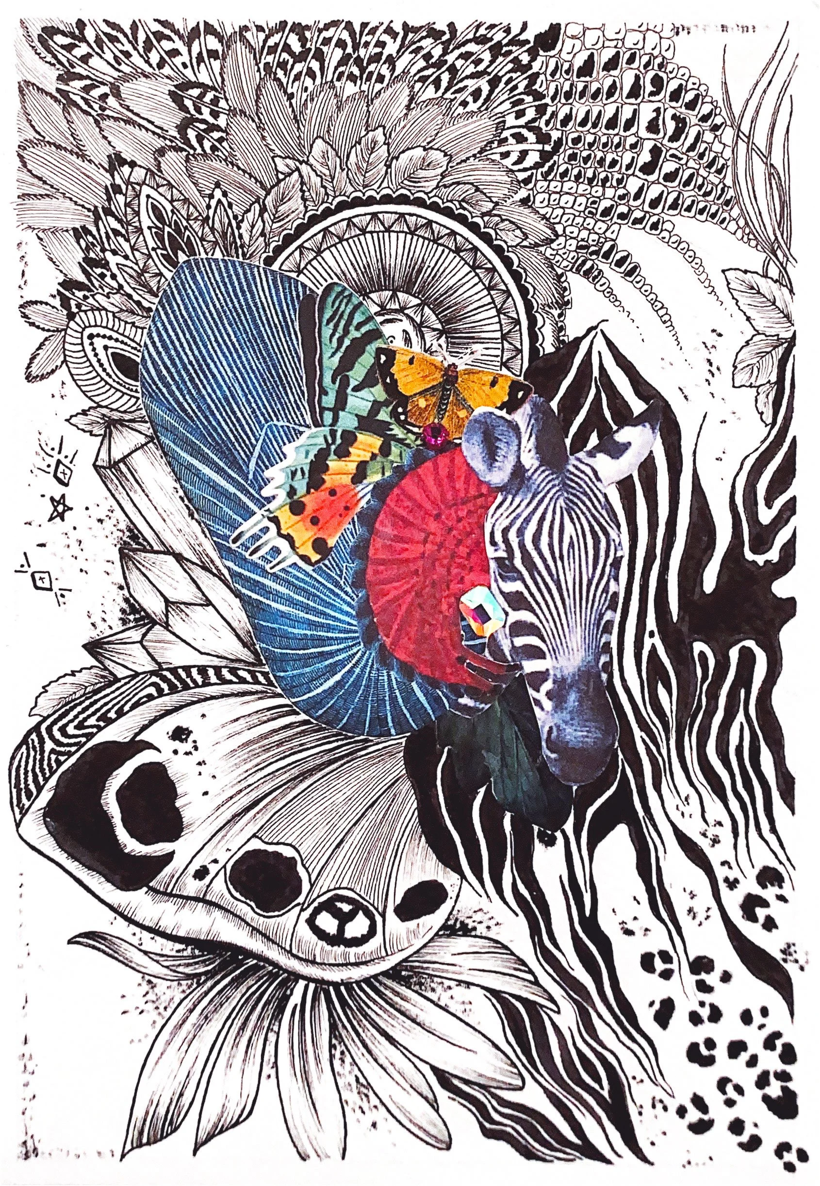Eventail zébré
Format A5
Encre
Collages