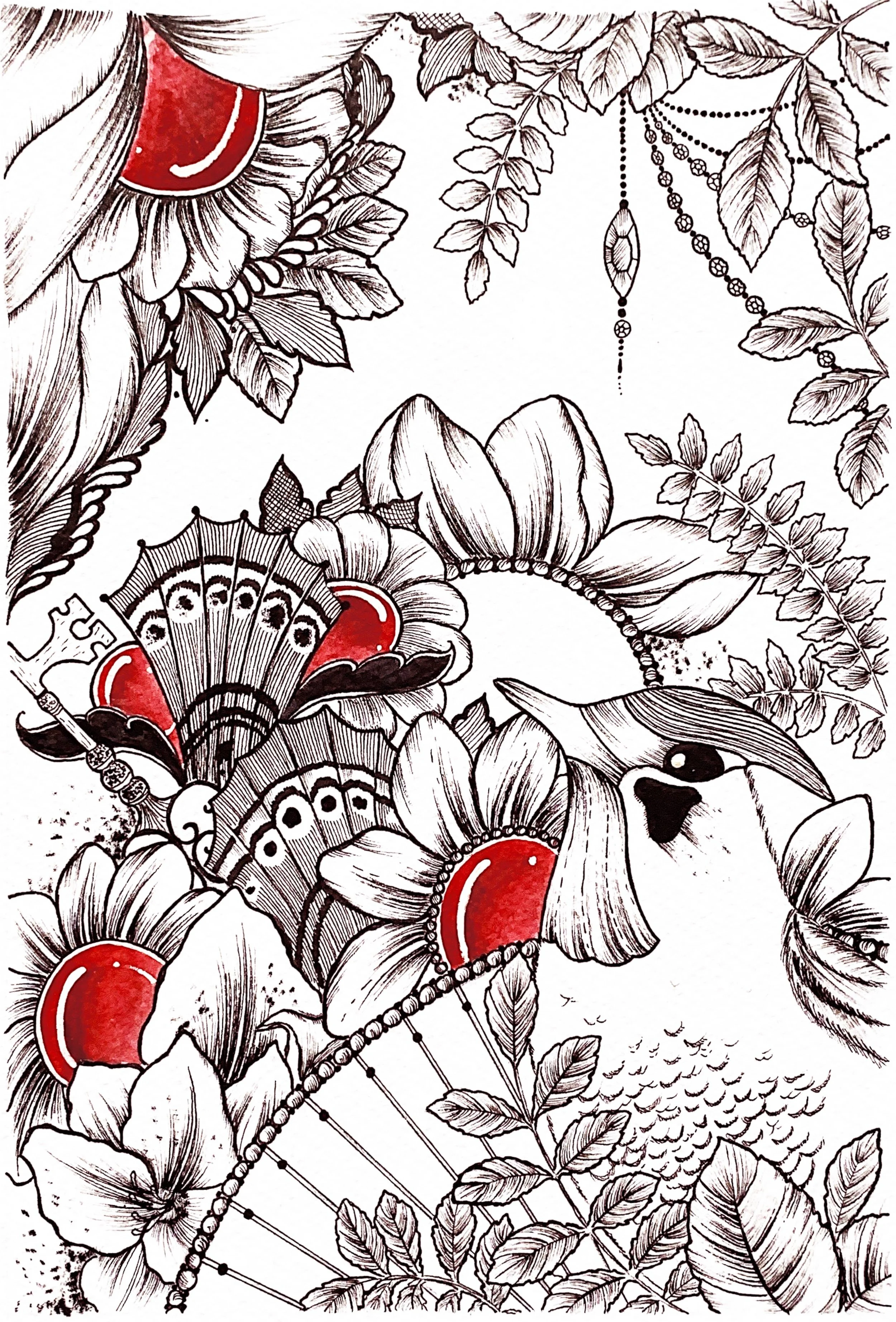 Dessin en noir et blanc avec des détails de fleurs, feuilles, cercles, pattes d'oiseaux, et éléments décoratifs, avec quelques touches de rouge et des détails précis et ornementaux.