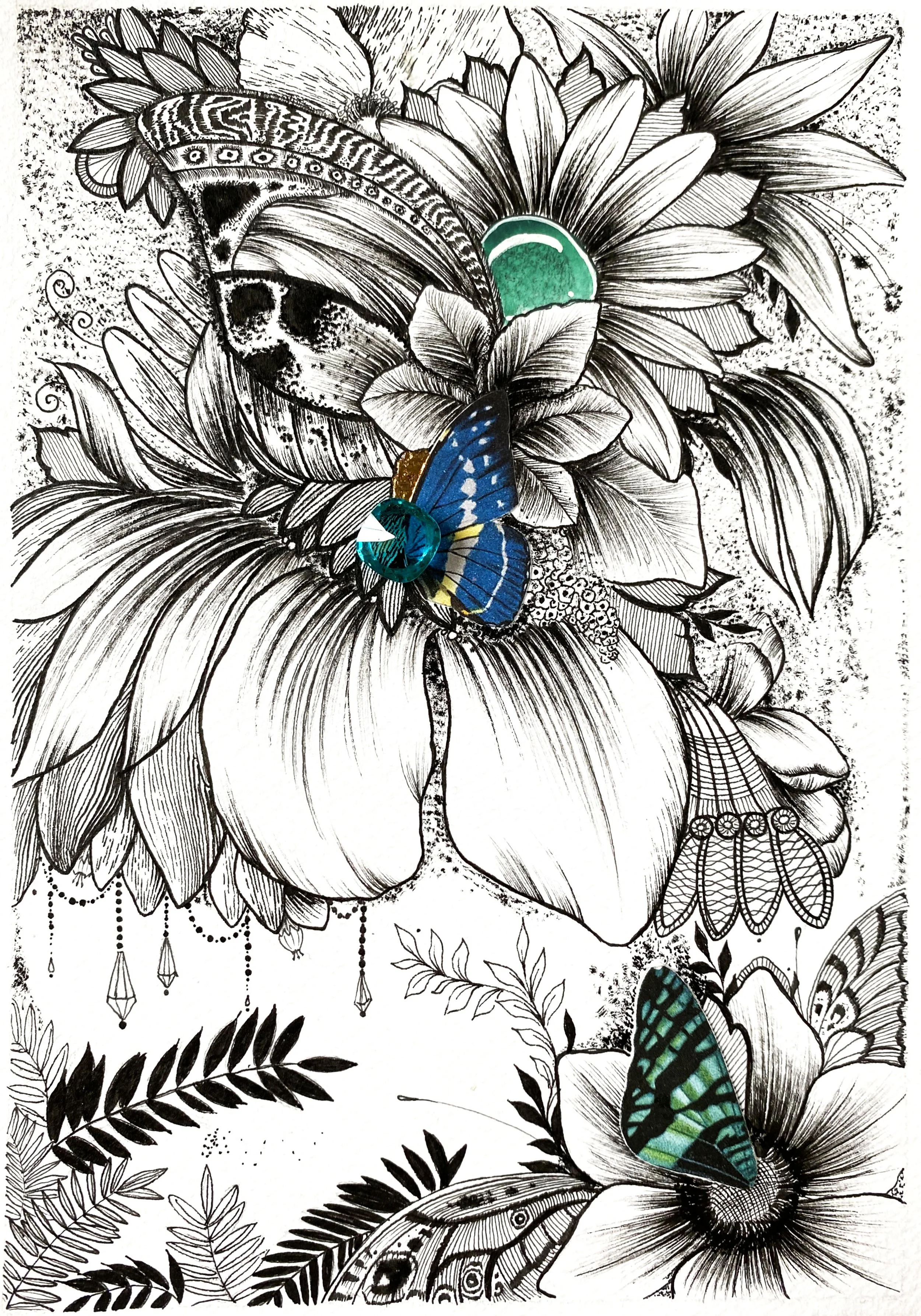 Bouquet de Papillons
Format A5 
Encre
Collages
Aquarelle