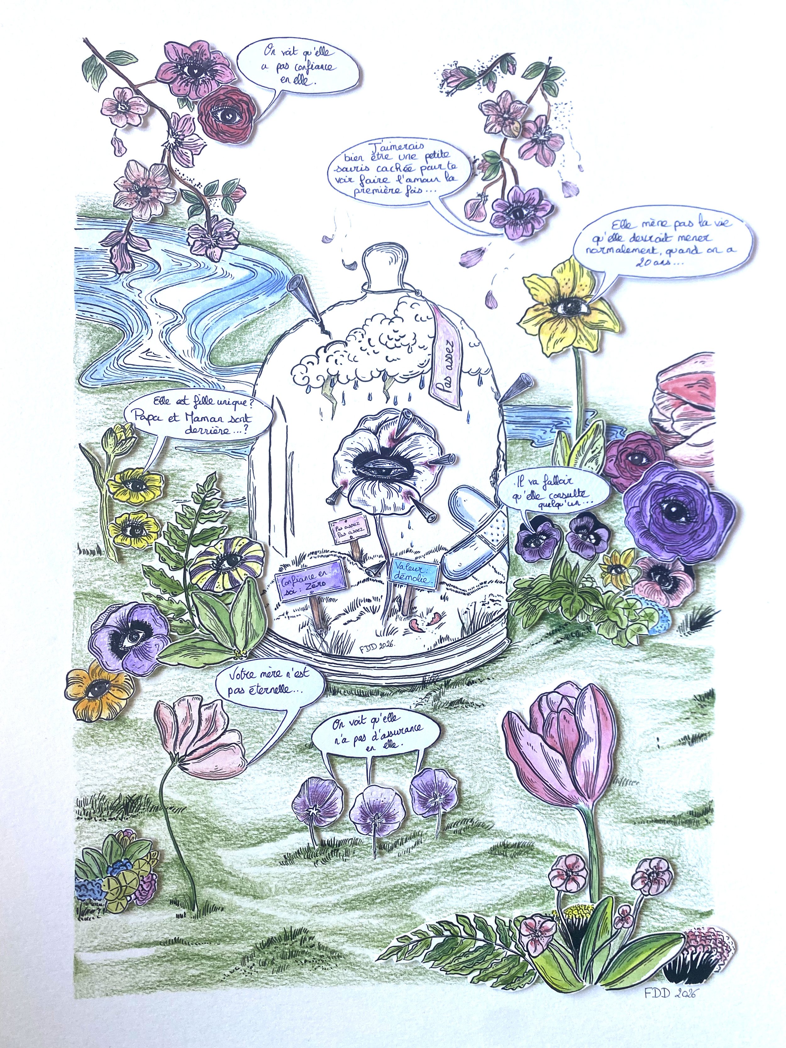 L'impact des mots
Format A3
Encre
Crayons de couleur
Aquarelle
Collages