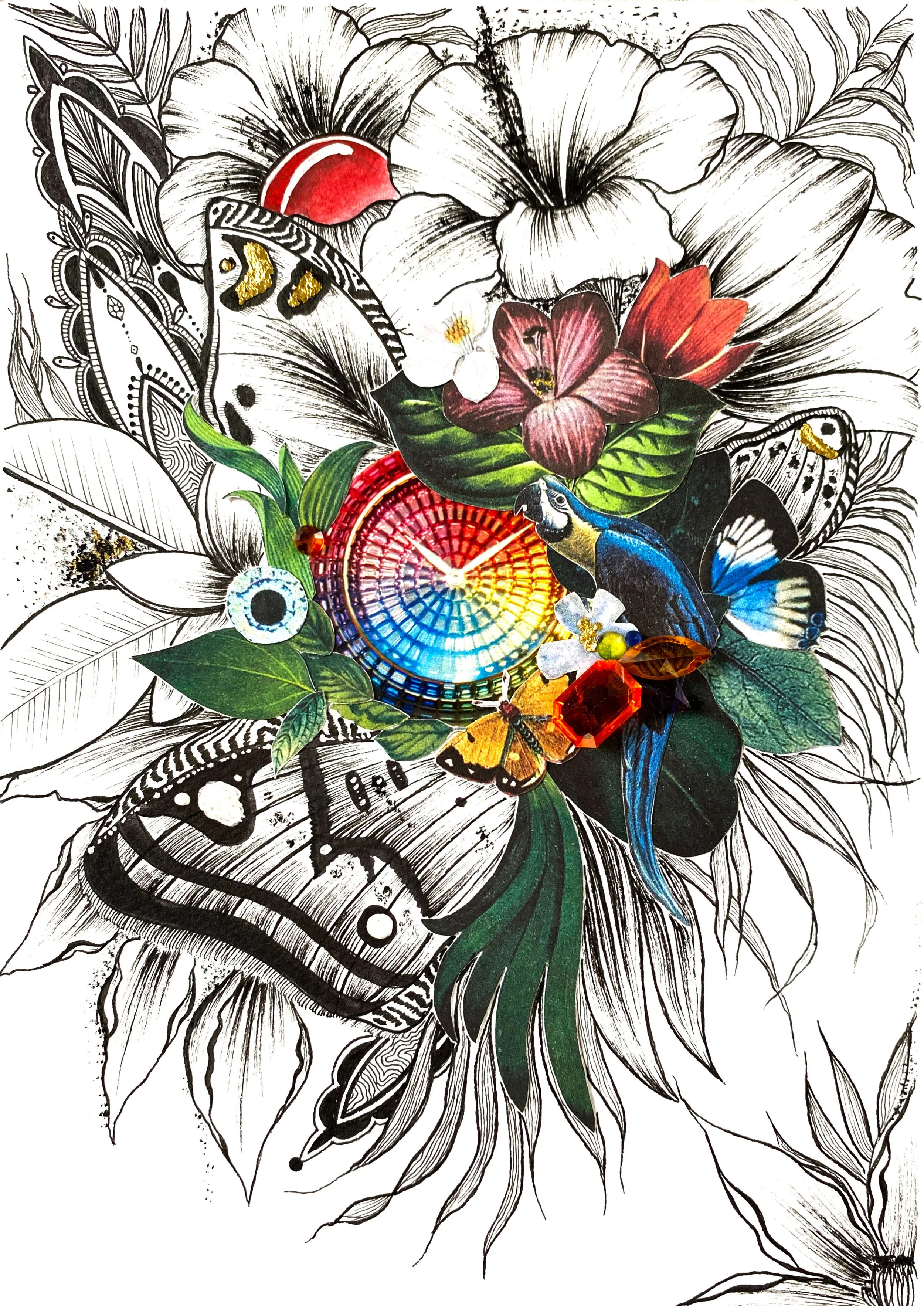 Horloge Exotique
Format A5
Encre
Collages
Gouache