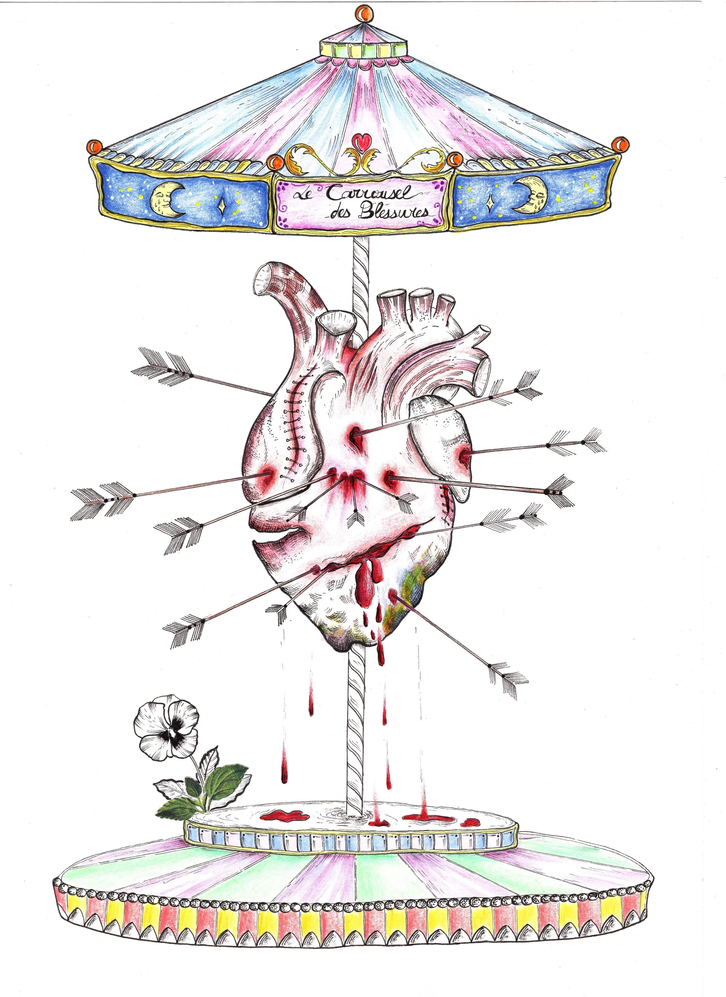 Dessins d'un carousel avec un cœur, un cerveau, et un cœur humain au centre, décoré de couleurs pastel et d'étoiles, avec des flèches de tir entre les éléments, évoquant un thème lié au cœur, à la médecine, ou à la psychologie.