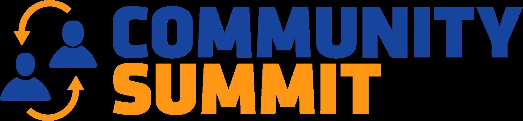 Graphic with two blue human icons connected by orange arrow lines, next to the words "Community Summit" in blue and orange text.