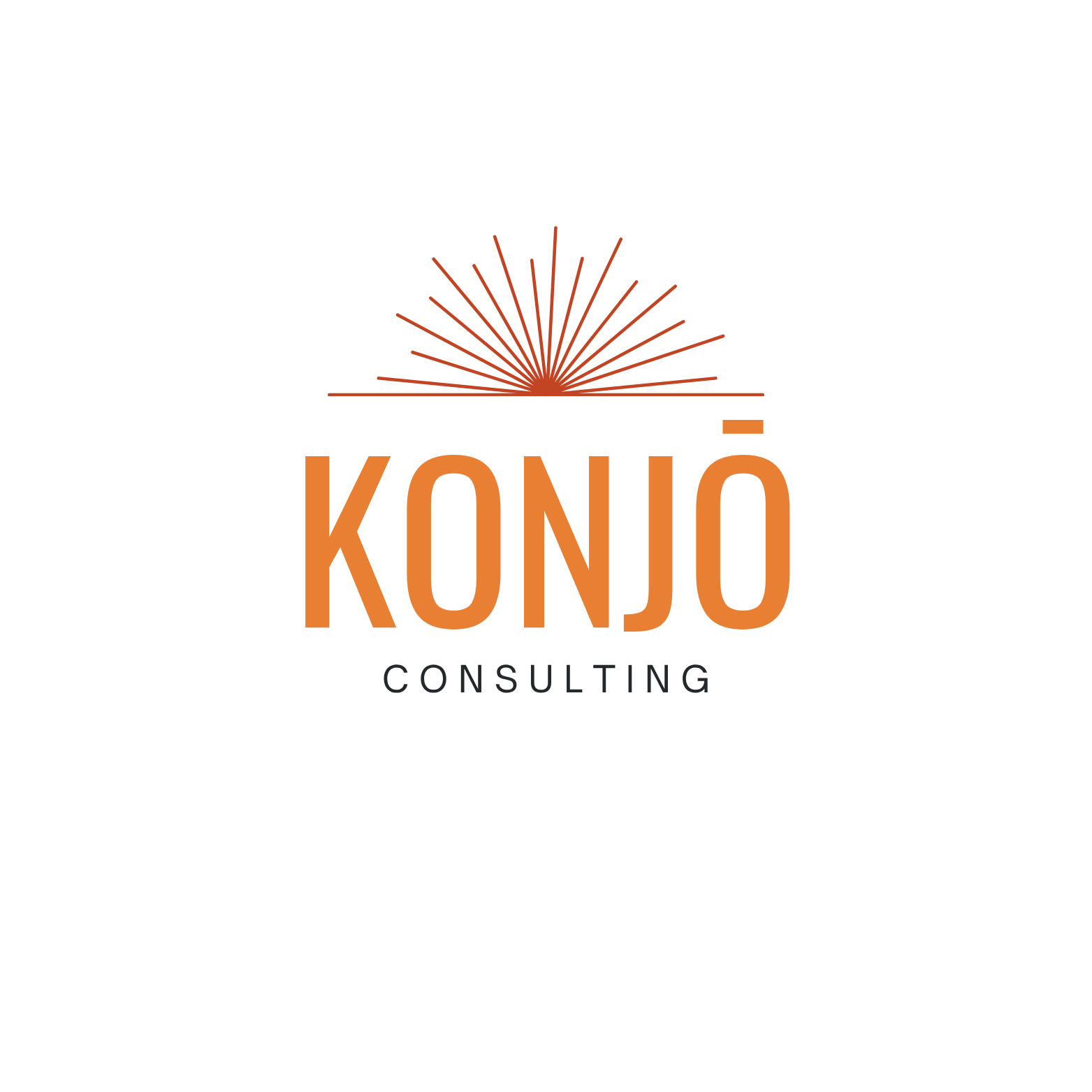 Logo for Konjo Consulting featuring an orange rising sun graphic and bold orange text 'KONJO' with smaller black text 'Consulting' below.