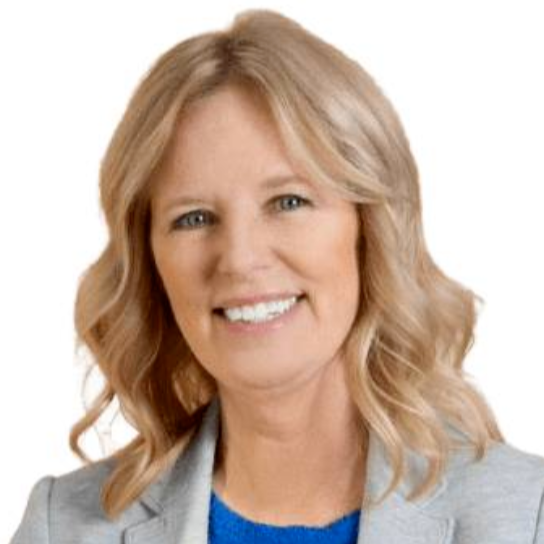 Headshot of smiling female tutor with short blonde hair wearing a lanyard.