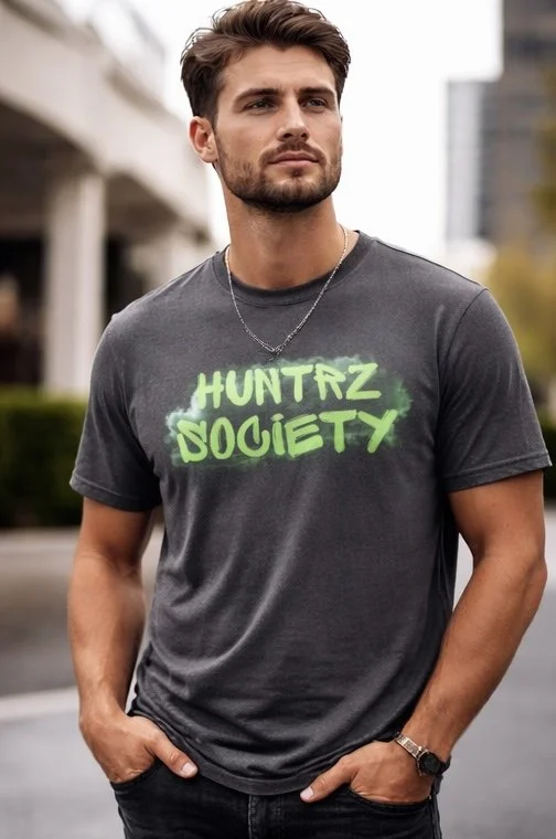 A young man with brown hair and a beard stands outdoors, wearing a dark gray T-shirt with neon green text 'HUNTRZ SOCIETY' and a silver necklace, with his hands in his pockets.