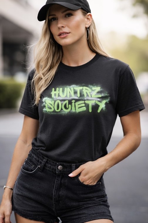 Young woman wearing a black baseball cap, black t-shirt with neon green text 'HUNTZ SOCIETY,' and black shorts, standing outdoors.