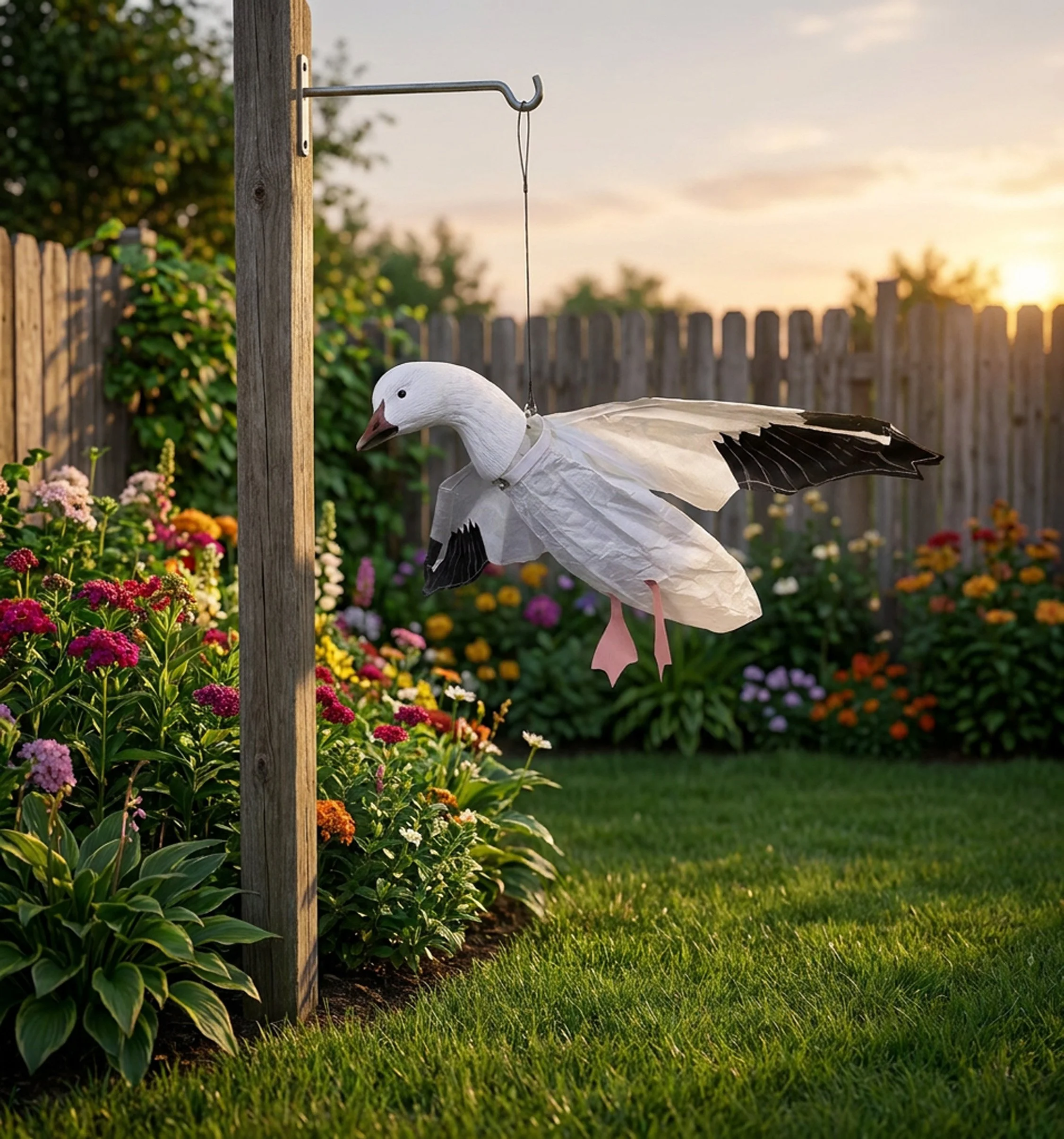 Snow Goose Flying Windsock_wood fence.jpg