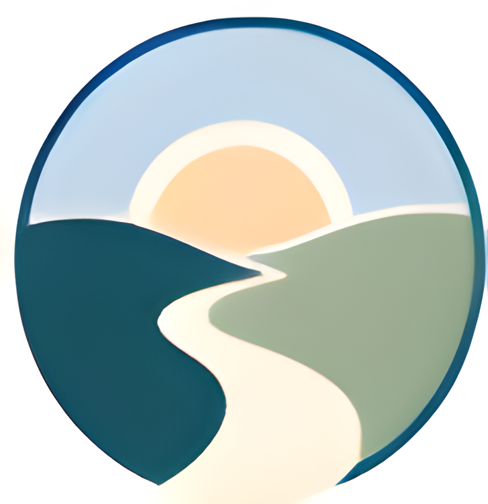 Abstract circular landscape illustration with a winding cream-colored path, blue and green hills, and a setting sun