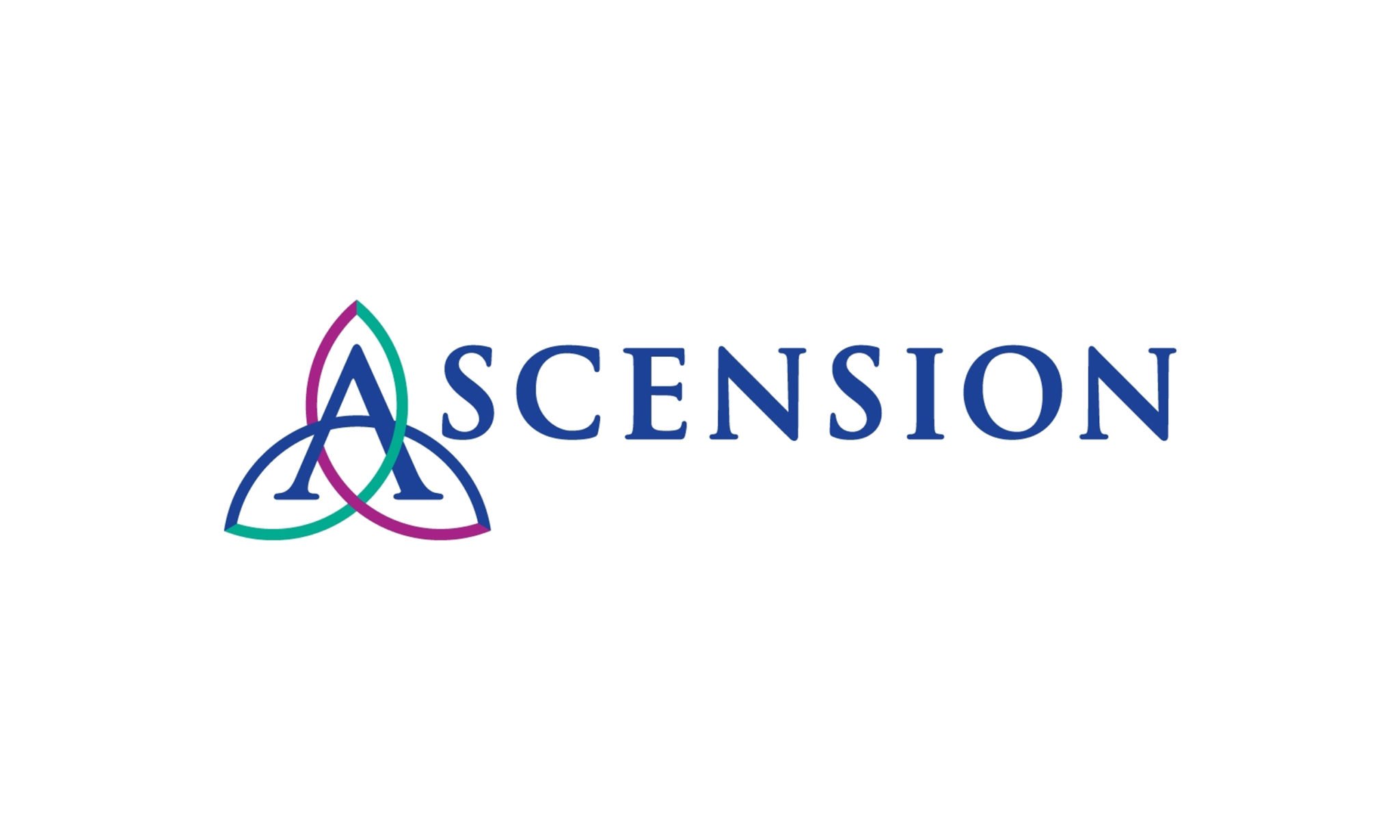 Ascension logo with an intertwined multicolored symbol and blue text on a white background