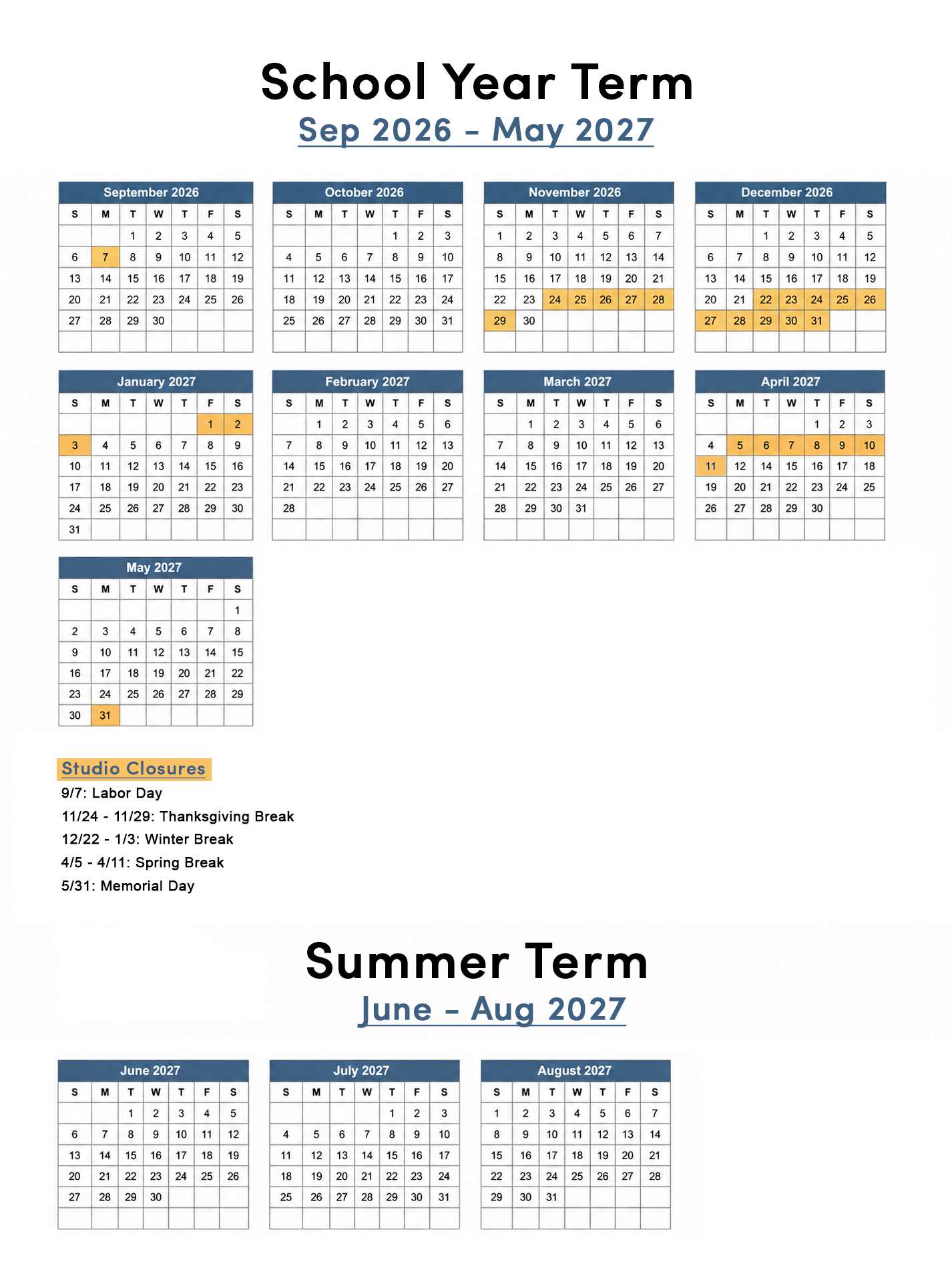 School calendar with marked holiday and break dates for the 2026-2027 school year, including Labor Day, Thanksgiving Break, Winter Break, Spring Break, and Memorial Day.