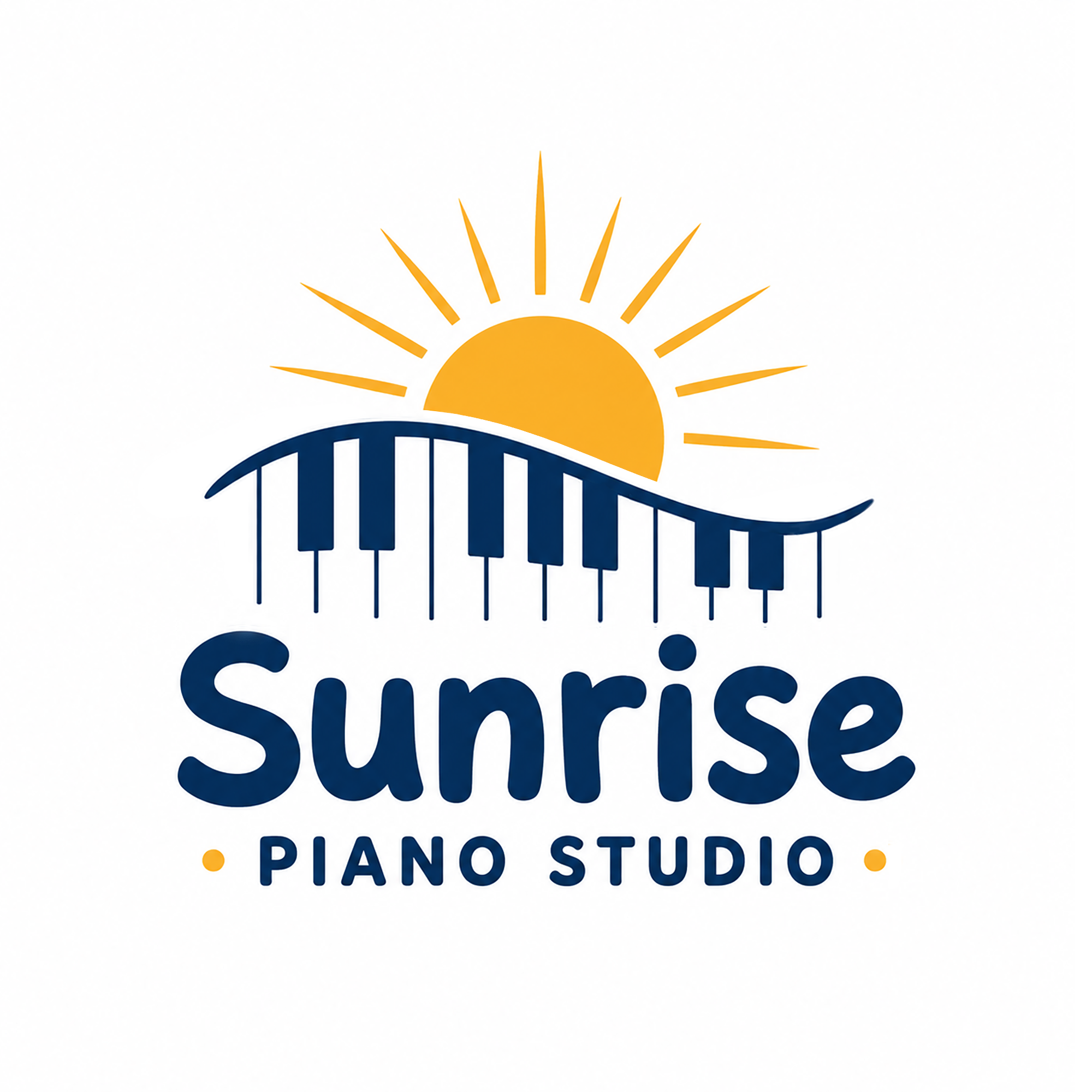 Logo for Sunco Piano Studio featuring a stylized sun with orange rays, a blue curved train track with white bars, and the text 'Sunco Piano Studio' in navy blue with two orange dots.