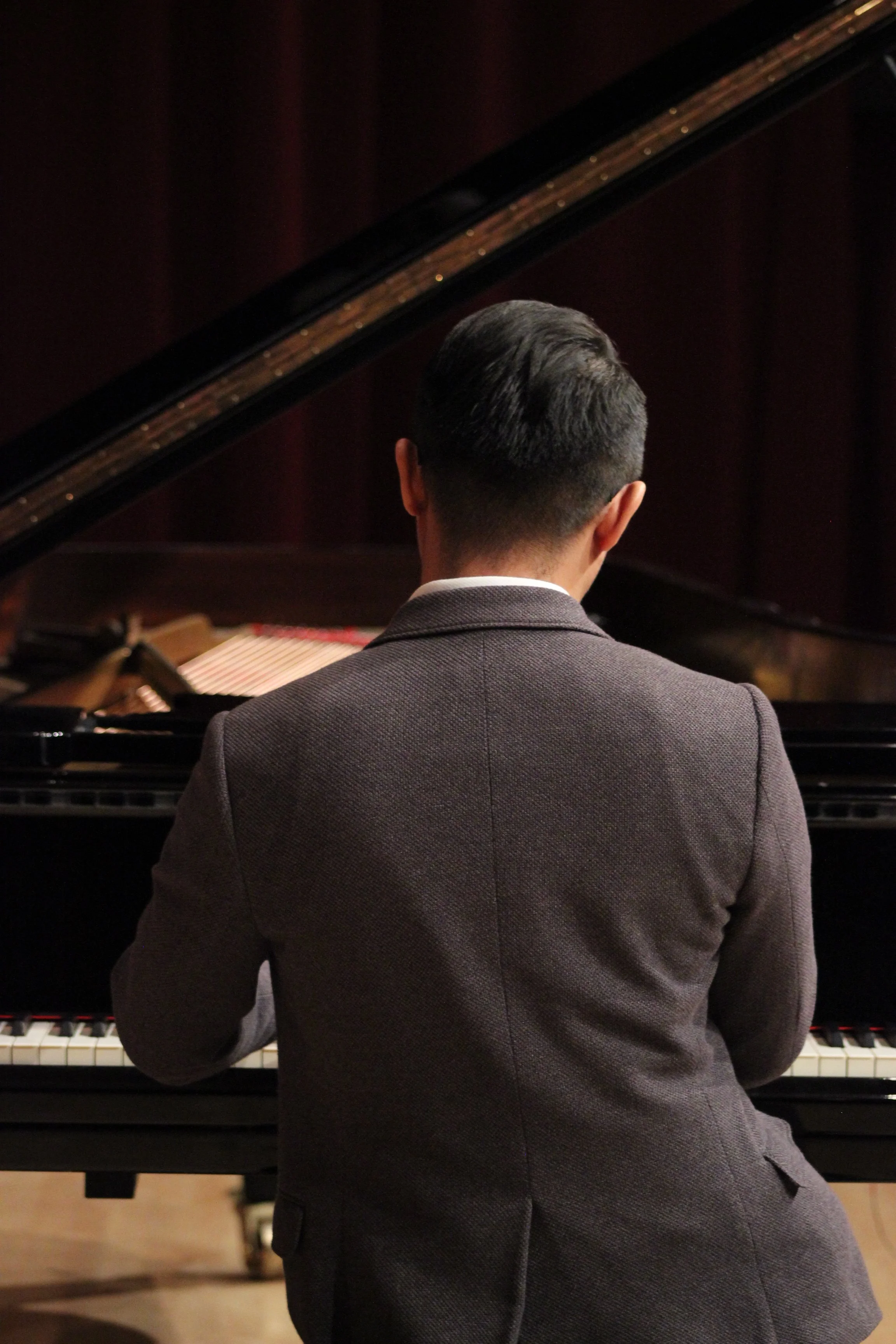 A man in a suit playing a grand piano, viewed from behind.