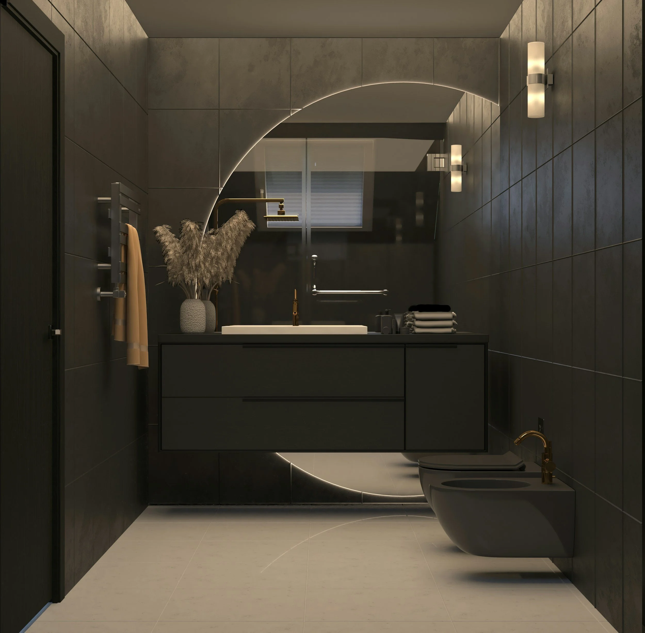 Un miroir rond encadré de lumière LED dans une salle de bains moderne avec murs en carreaux gris. Un lavabo noir avec un robinet en or, une plante dans un vase, et une porte avec serviettes suspendues.