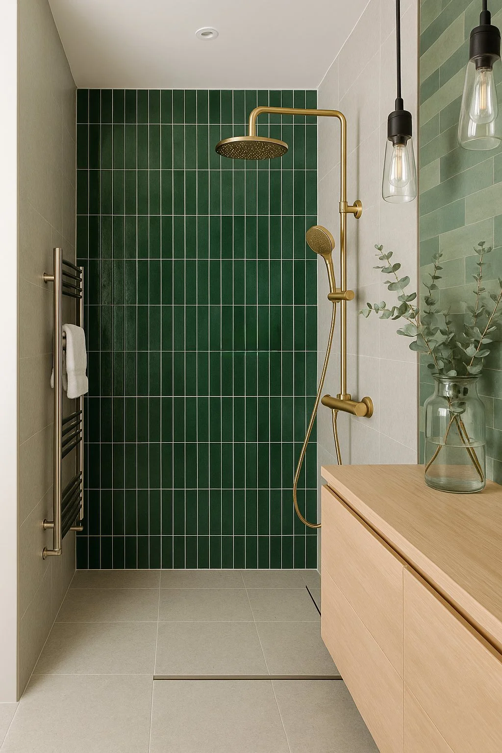 Salle de bain avec un mur de douche en carreaux verts foncés, une douche à l'italienne avec une pomme de douche en or, un meuble en bois clair, un vase avec des branches vertes, deux ampoules suspendues et un radiateur en métal