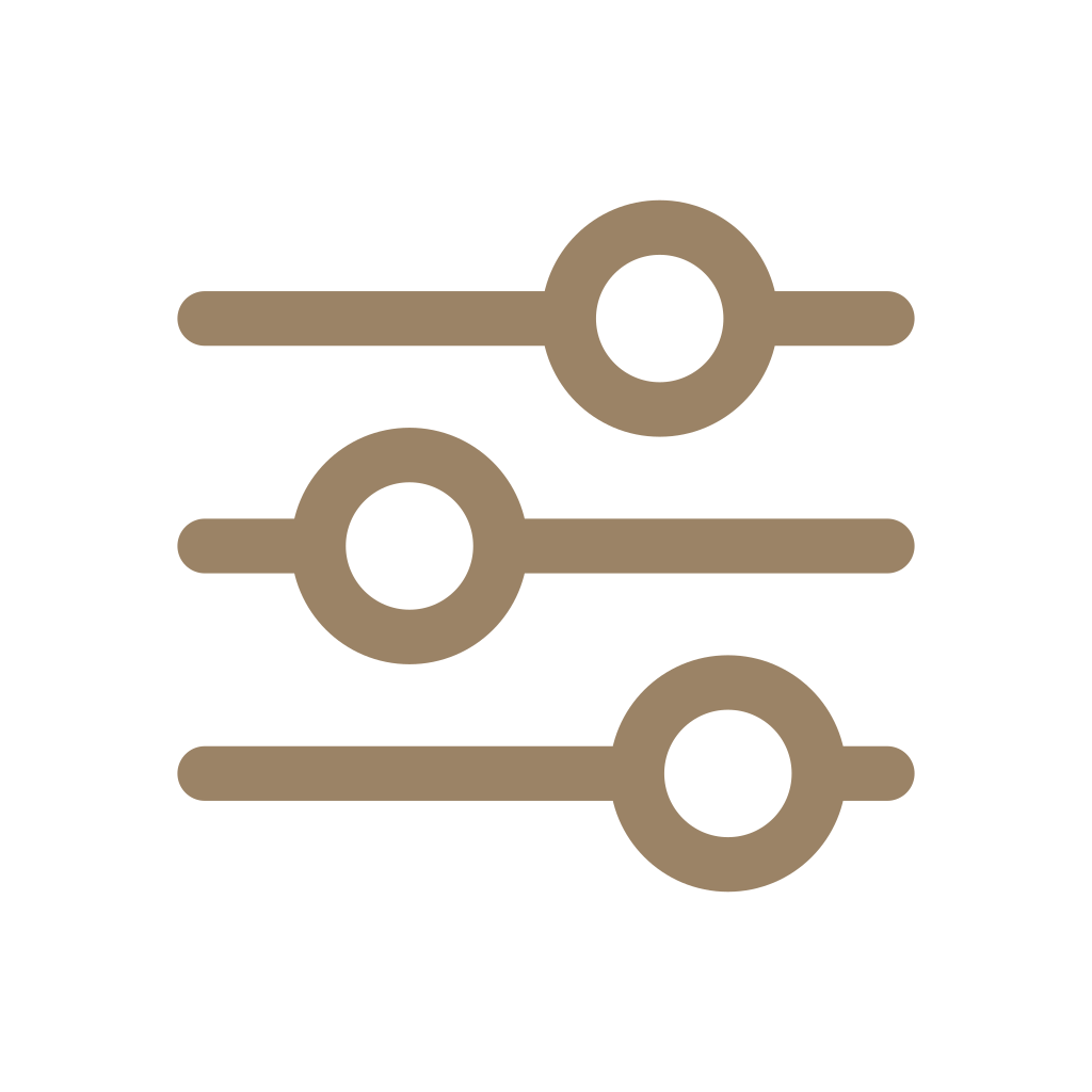 Icônes de trois curseurs de réglage, symbolisés par des cercles avec des barres horizontales, de couleur beige sur fond noir.