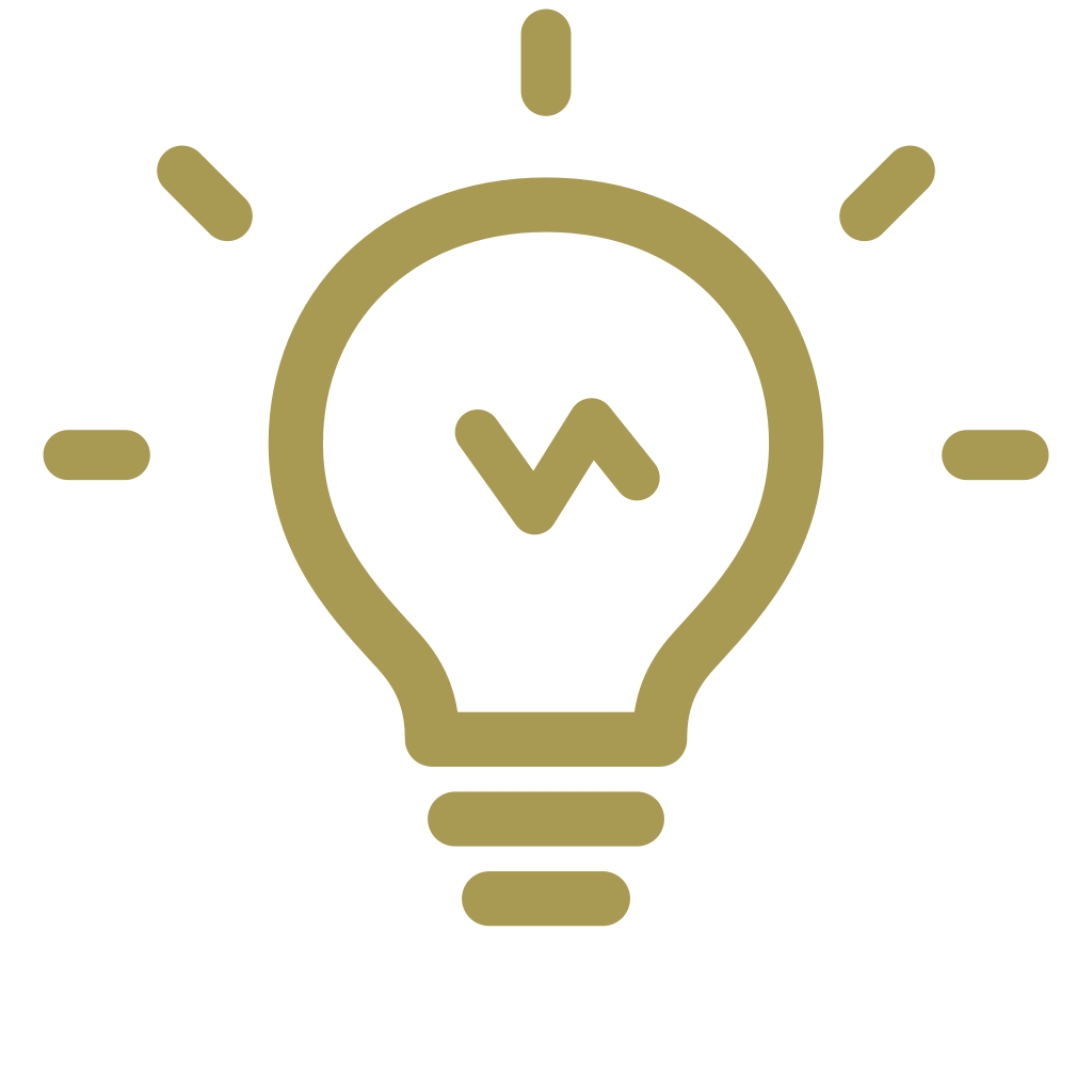 Icône d'une ampoule avec un symbole de courbe à l'intérieur, entourée de rayons lumineux, représentant une idée ou une innovation.