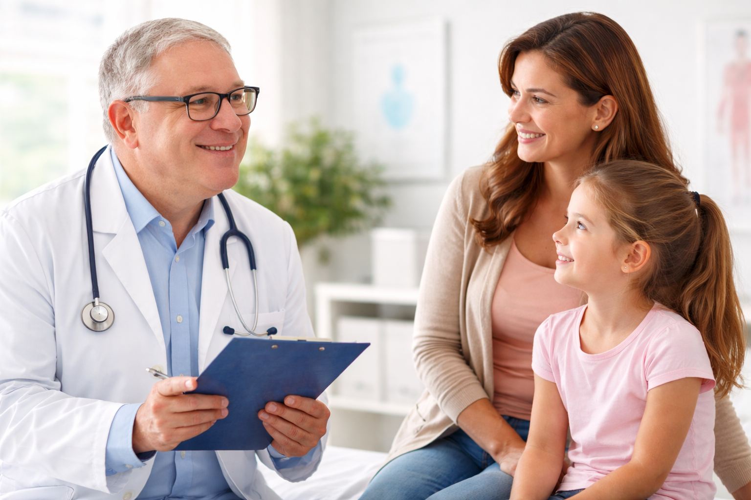 A doctor smiling and holding a clipboard speaking with a woman and a young girl in a medical office.