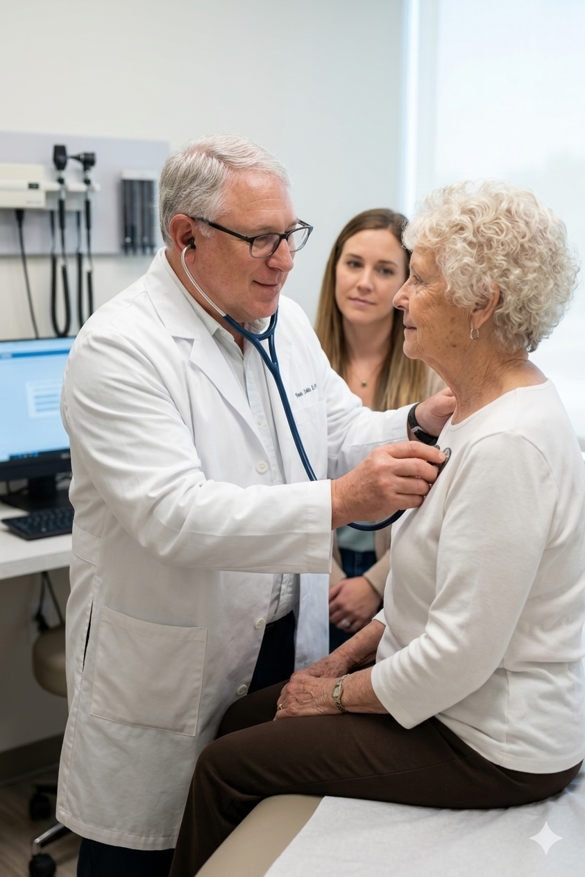 A doctor is checking an elderly woman's heart with a stethoscope in a medical office, with a nurse observing in the background.