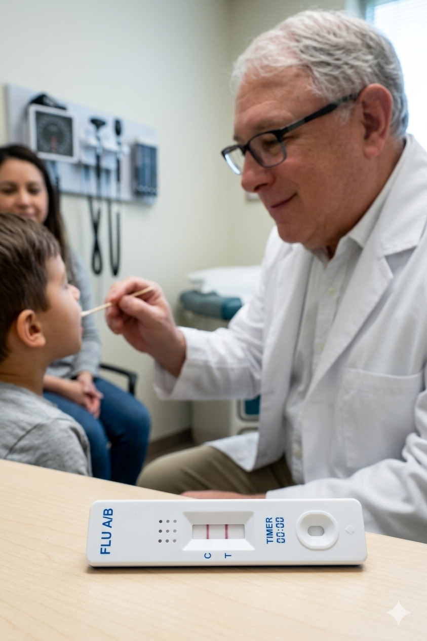 A doctor performing a throat swab test on a young boy in a medical office, with a flu test kit on the table in the foreground.
