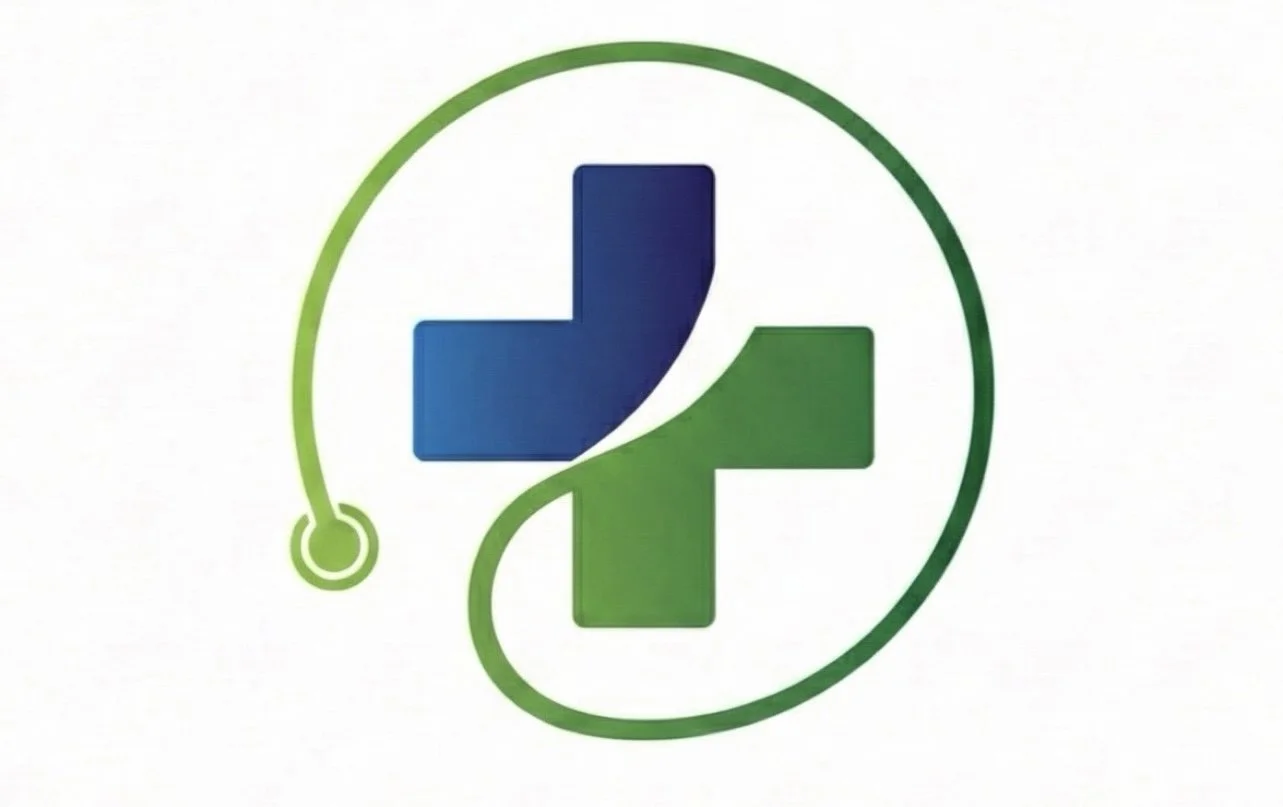 A healthcare logo featuring a blue and green medical cross with a stethoscope forming a circle around it, symbolizing health and medical care.