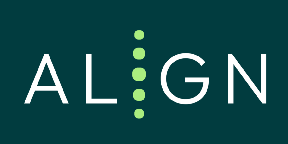 Logo with the word 'ALIGN', with a vertical green dotted line separating the letters 'A' and 'G'.