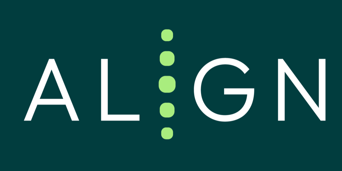 Logo with the text 'ALIGN' separated by a vertical row of green dots.