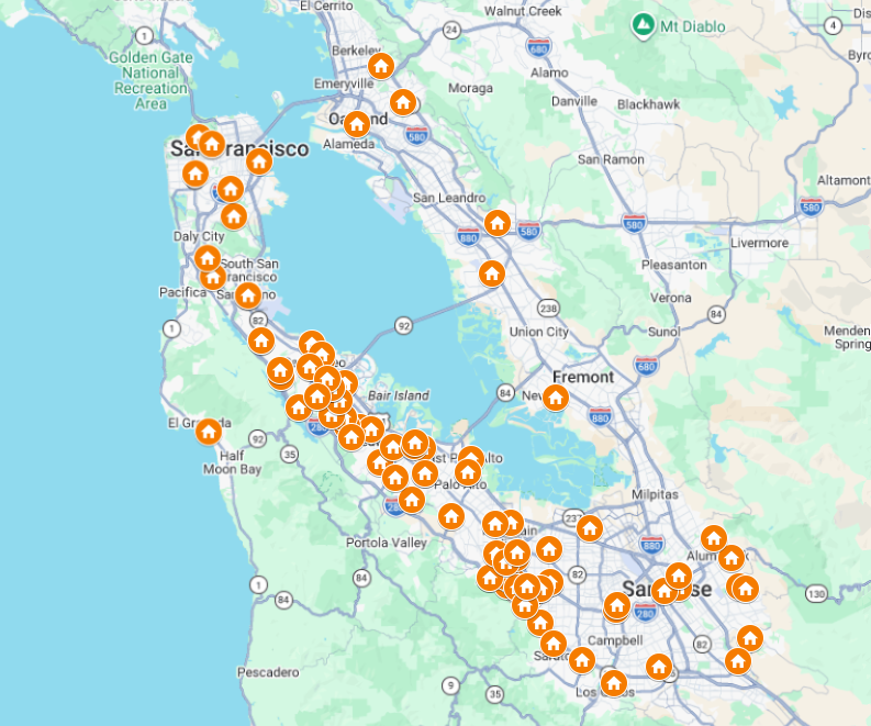 Map showing CALIBUILDER completed construction projects across the San Francisco Bay Area.