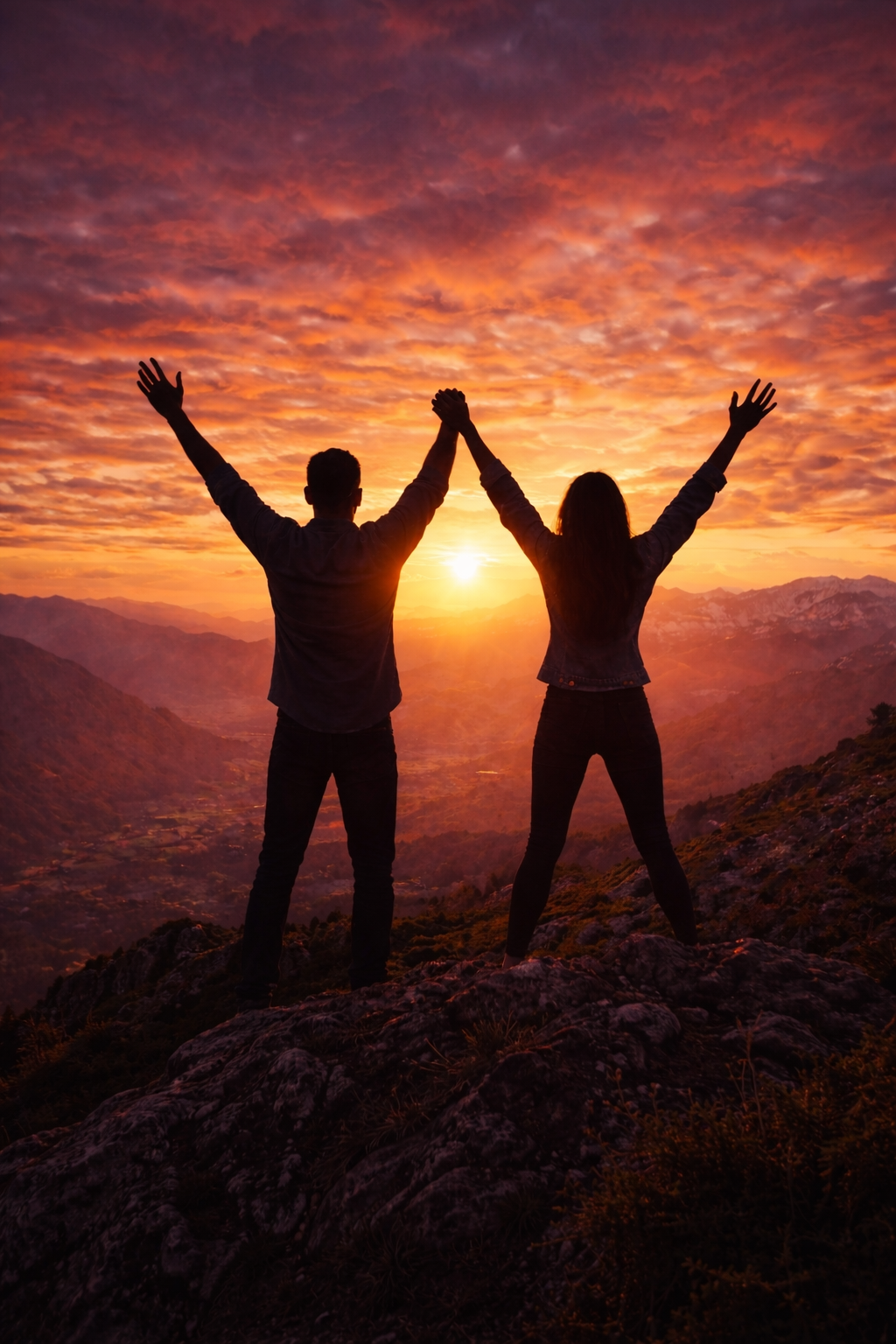 Silhouette of a man and woman standing on a mountain at sunset representing breakthrough, support, and hope