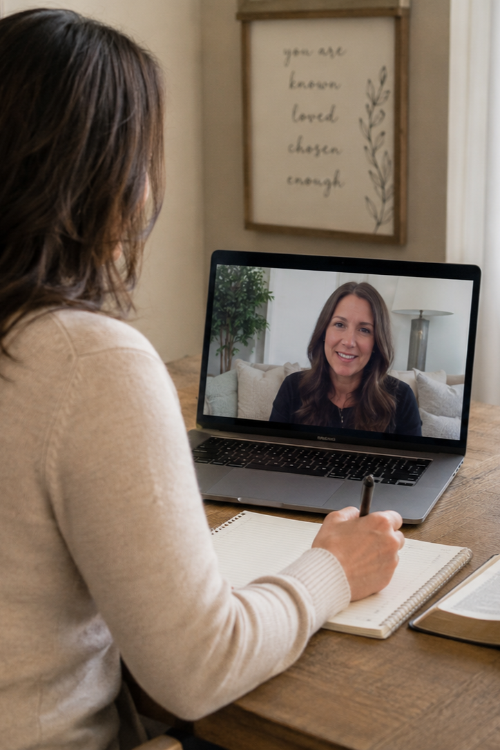 Woman participating in a virtual personal development session with Erica