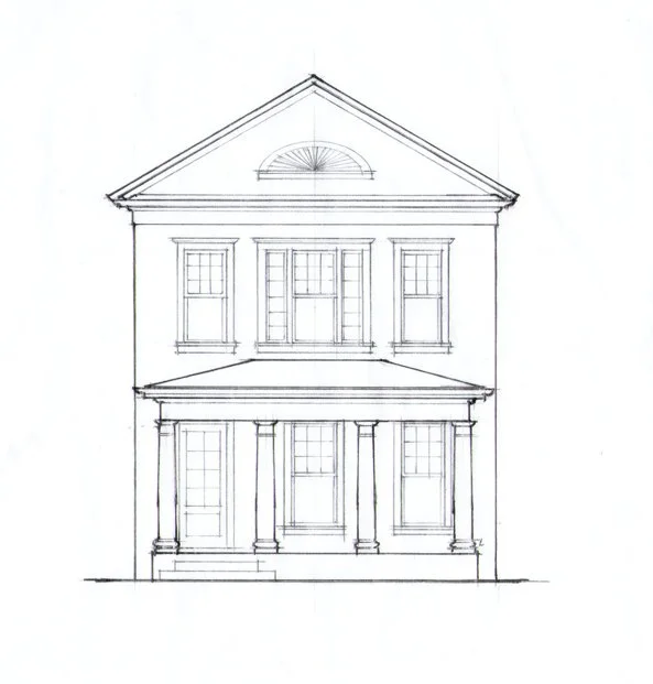 Neighborhood architectural services;  a two-story house with a front porch supported by columns, multiple windows, and a gabled roof with an arched window at the top.
