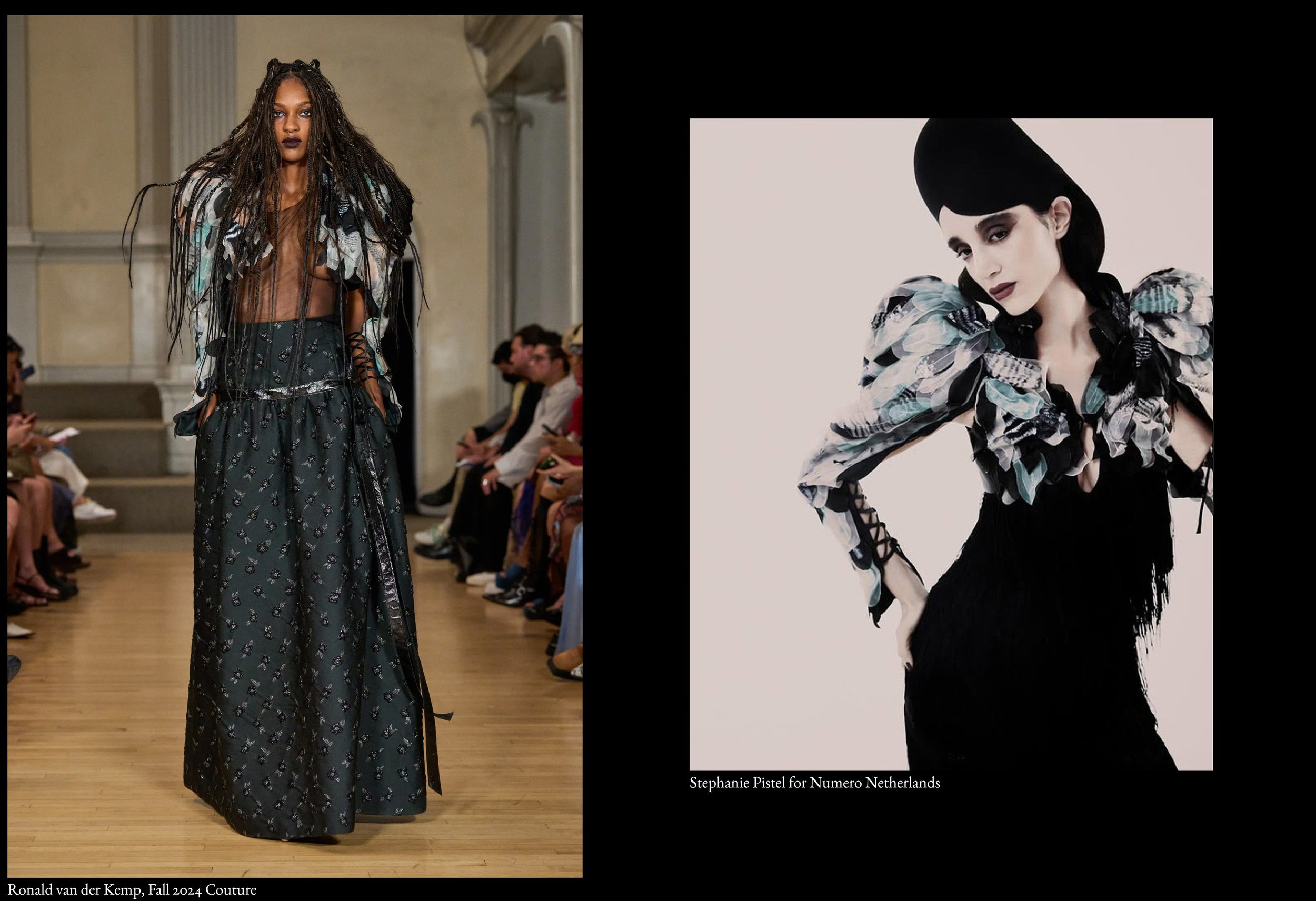 Fashion runway show featuring a model in dark patterned pants and a matching top with a black and white floral jacket, walking down a wooden runway with seated audience on both sides; adjacent image of a fashion model in a black dress with sheer and floral details, posing against a plain background with text crediting Stephanie Pistel for Numero Netherlands.