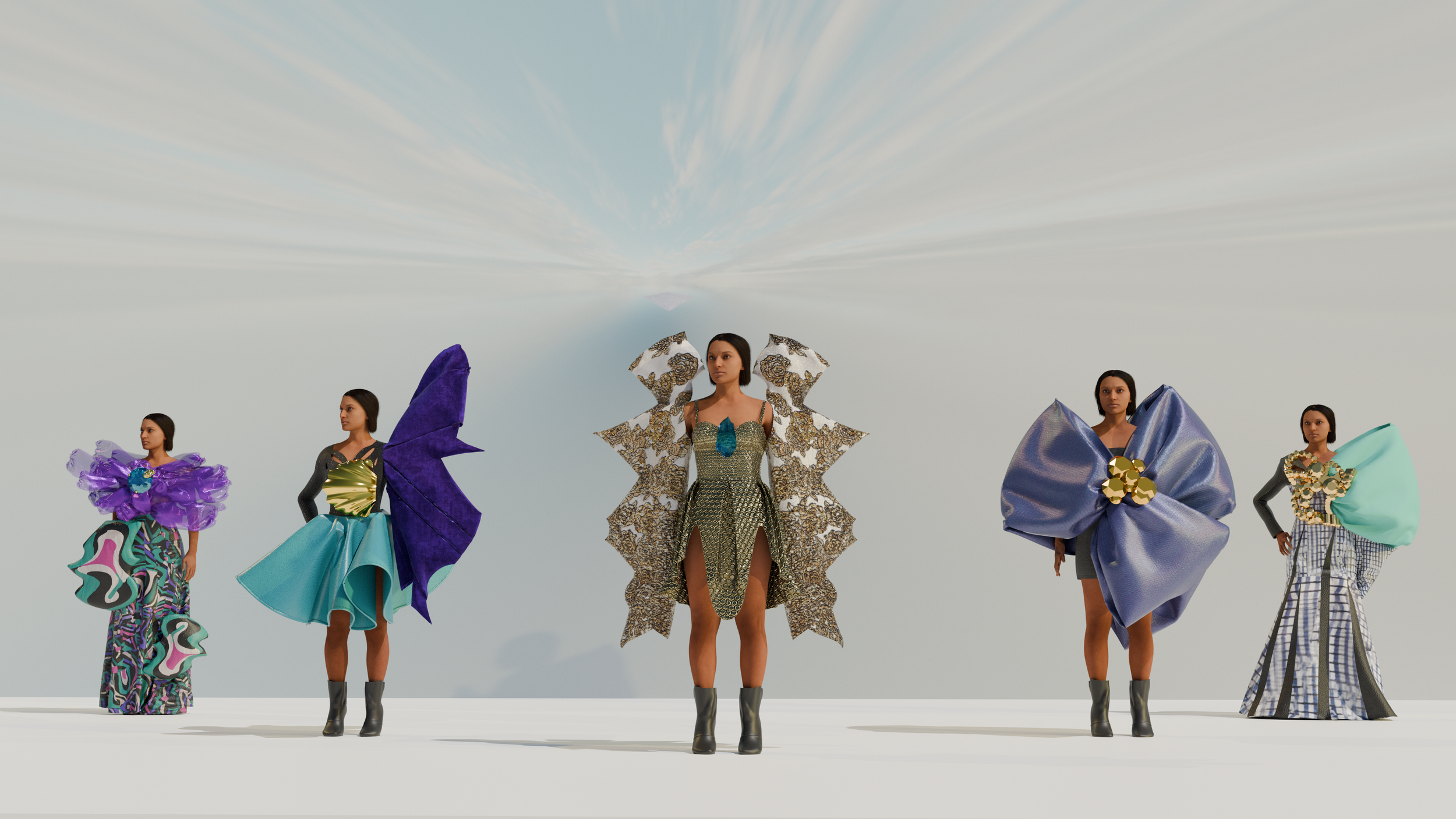 Five women standing in a row wearing avant-garde fashion with exaggerated shapes and vibrant colors, set against a minimalist sky background.