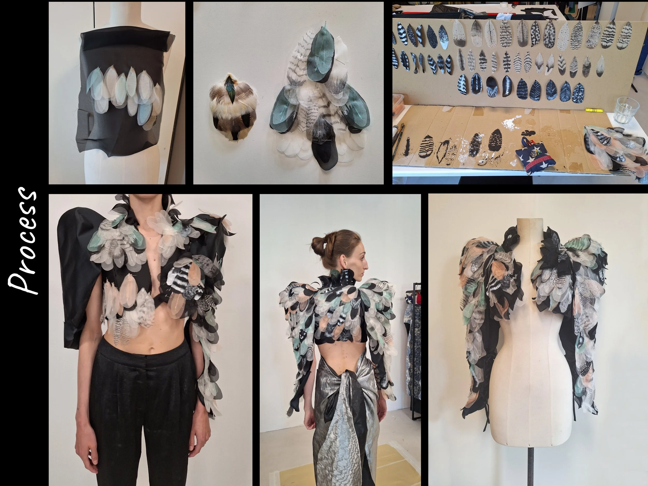 Fashion design process featuring feathered garments and accessories, including a displayed fabric collection, model wearing feathered shoulders and sleeves, a mannequin with feathered jacket, and workspace with fabric swatches.