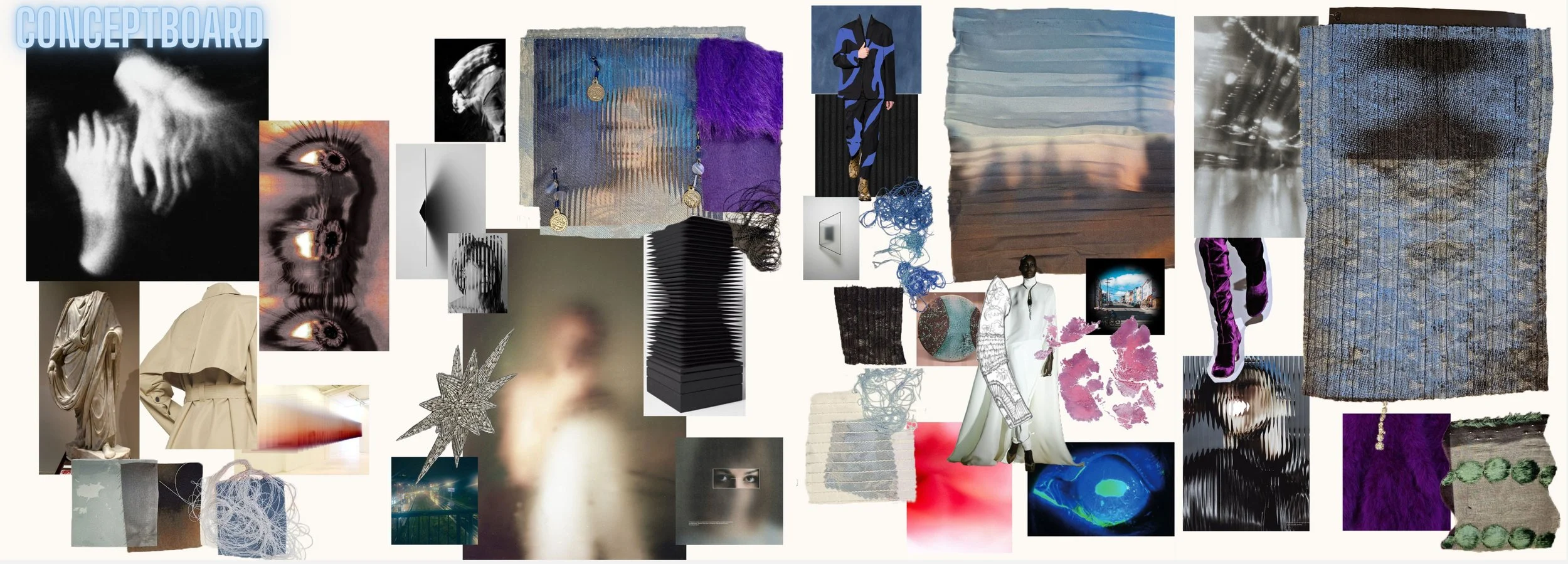A collage of various fashion and art images, including fabric swatches, sketches of clothing, digital art, and photos of people, all arranged in a scattered manner on a white background.