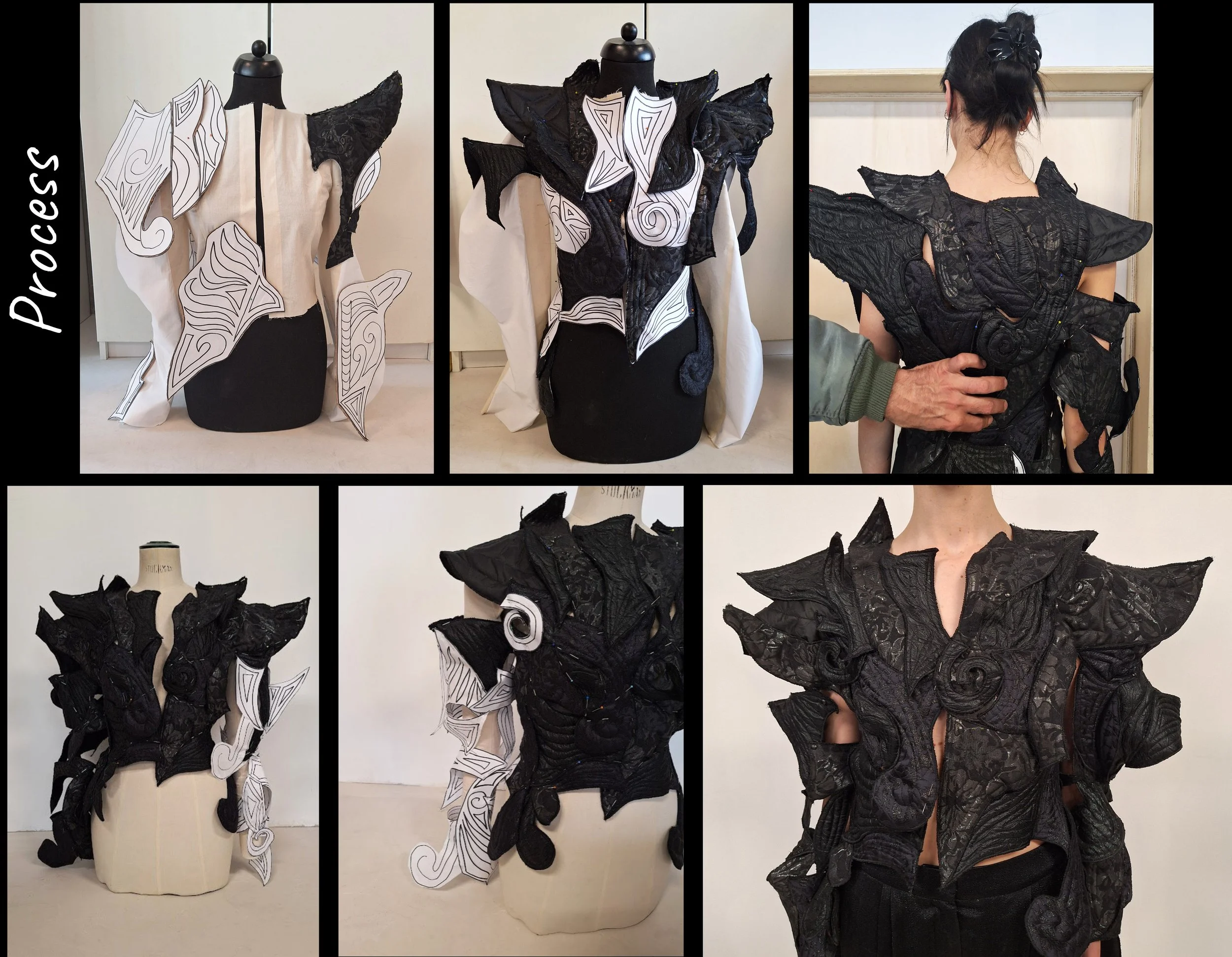 A progression of fashion design process photos showing a black and white sculptural garment from initial sketch to finished piece, including mannequins and a person wearing the final design.