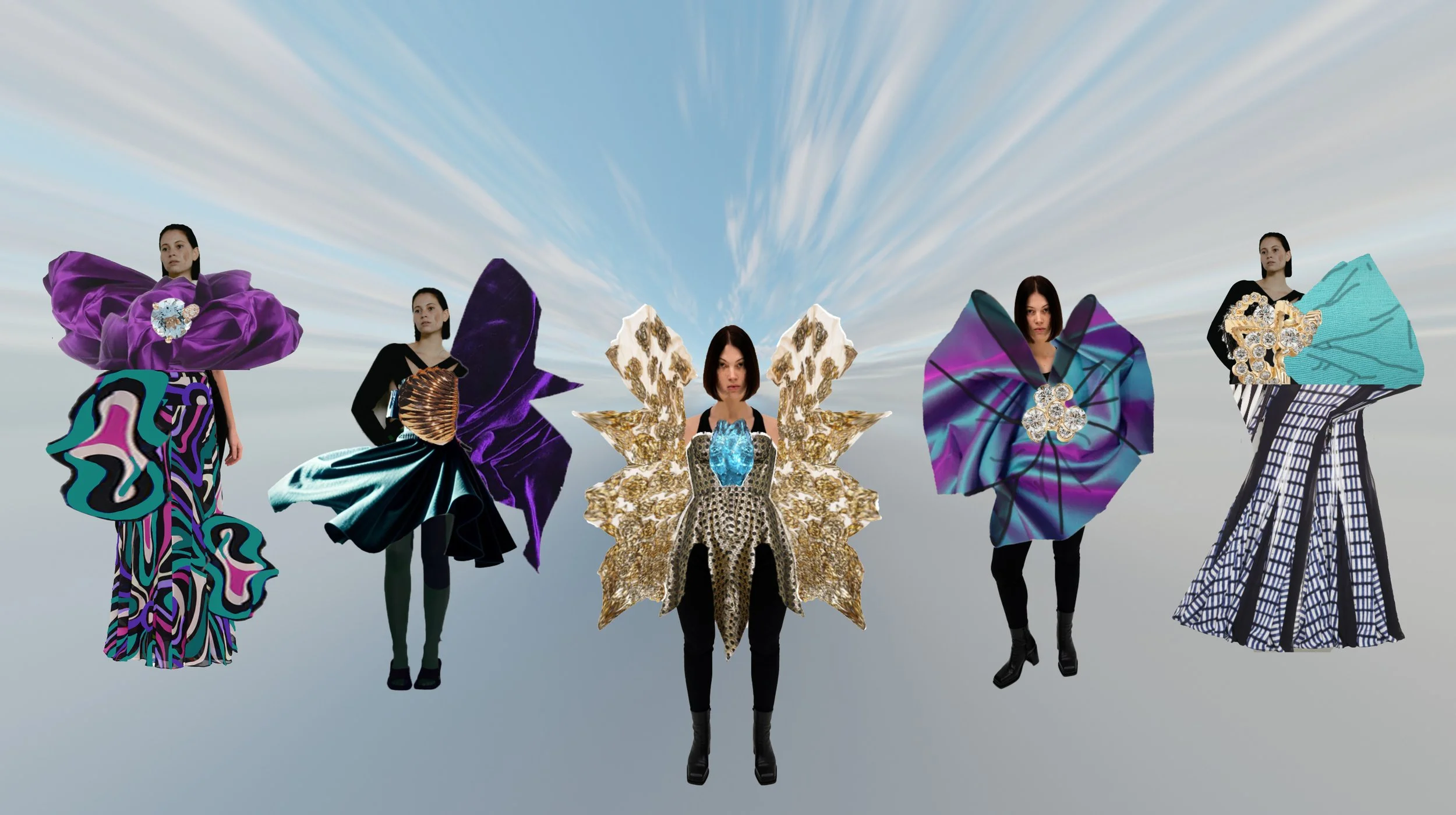 Five women wearing avant-garde, artistic fashion with exaggerated forms and bold patterns, standing outdoors against a sky with streaked clouds.